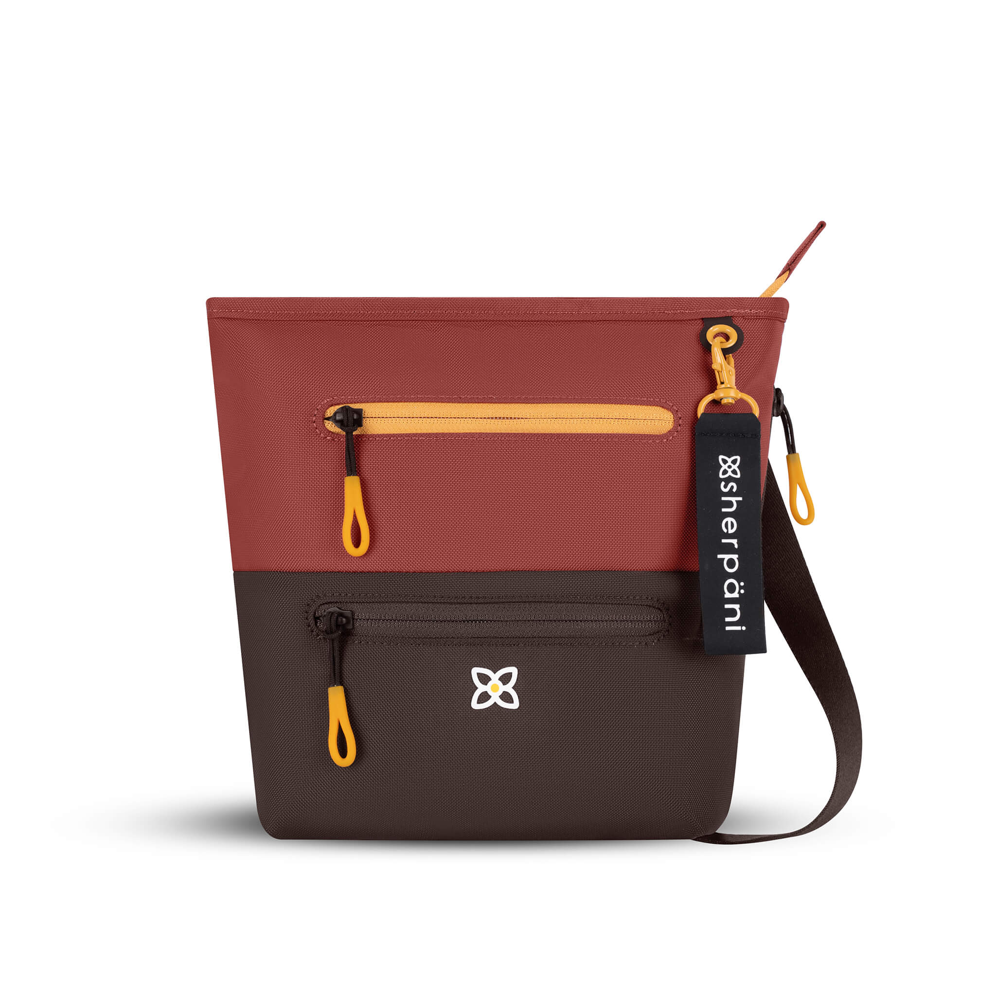 Flat front view of Sherpani crossbody travel bag, the Sadie in Cider. Sadie features include two front zipper pockets, a discrete side pocket, detachable keychain, adjustable crossbody strap, back slip pocket and RFID blocking technology. The Cider color is two-toned in burgundy and dark brown with yellow accents. 