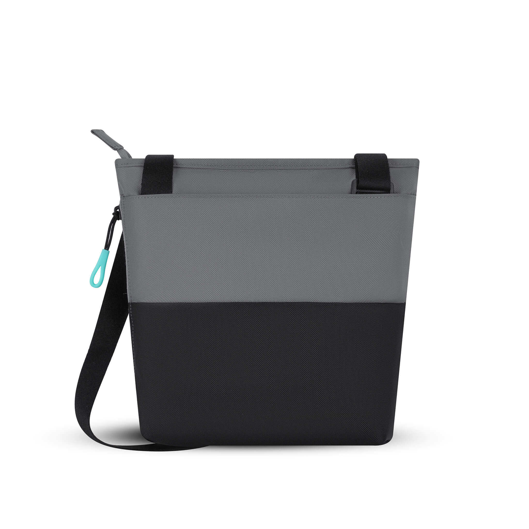 Back view of Sherpani crossbody travel bag, the Sadie in Moonstone. Sadie features include two front zipper pockets, a discrete side pocket, detachable keychain, adjustable crossbody strap, back slip pocket and RFID blocking technology. The Moonstone color is two-toned in gray and black with turquoise accents.