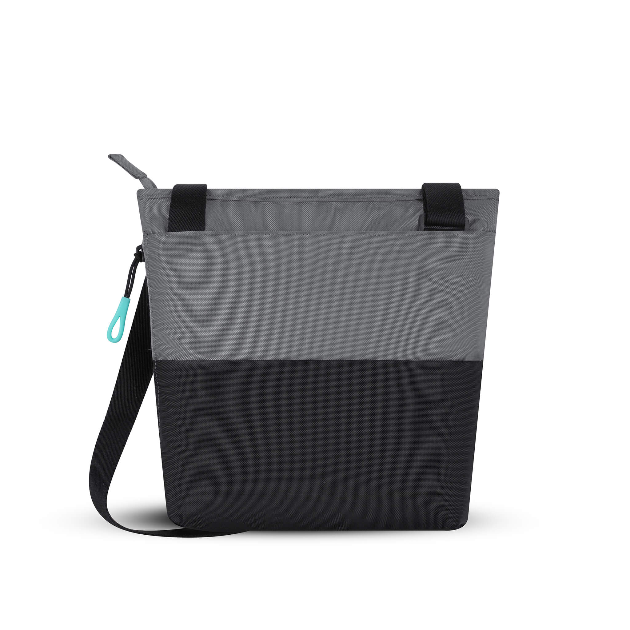 Back view of Sherpani crossbody travel bag, the Sadie in Moonstone. Sadie features include two front zipper pockets, a discrete side pocket, detachable keychain, adjustable crossbody strap, back slip pocket and RFID blocking technology. The Moonstone color is two-toned in gray and black with turquoise accents. 