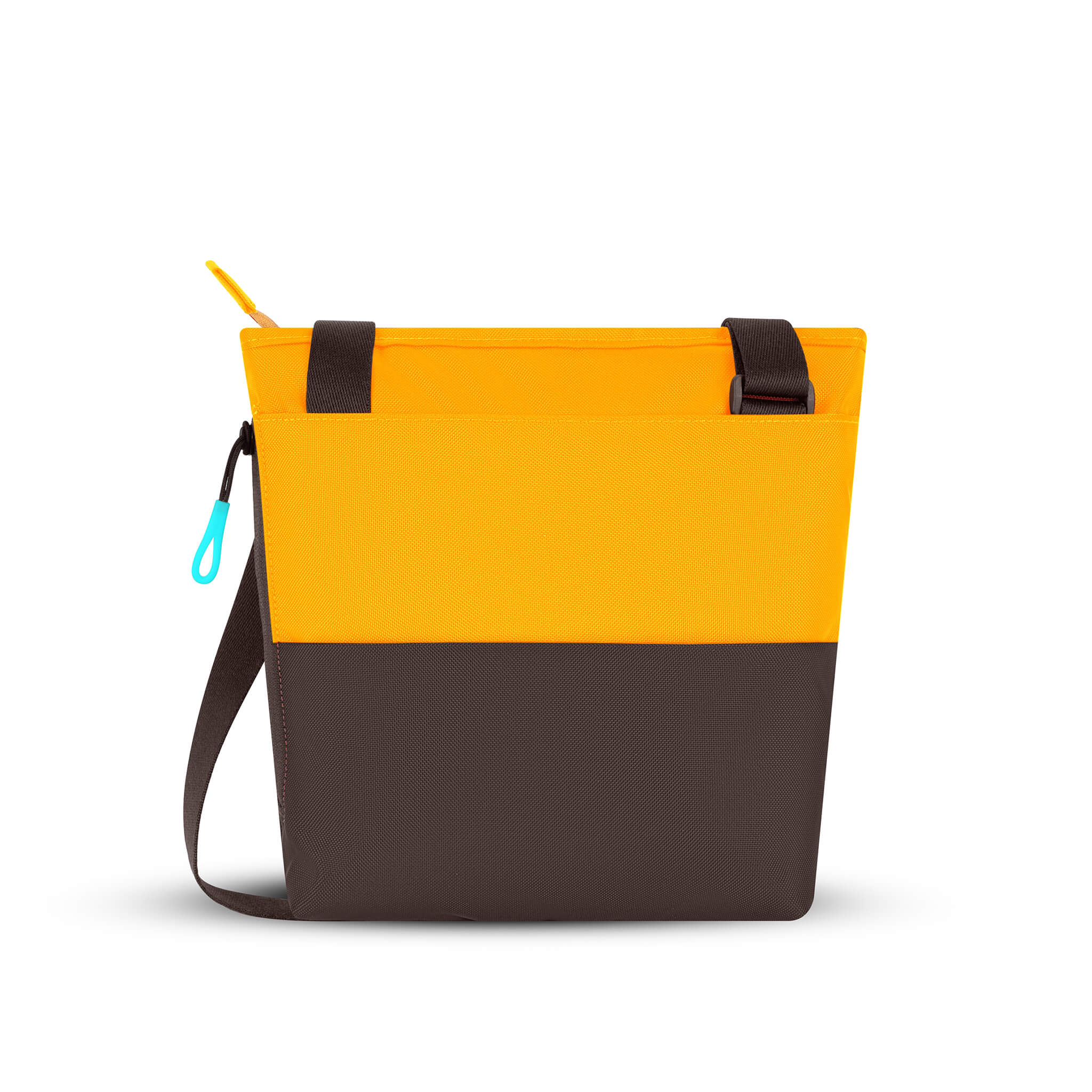 Back view of Sherpani crossbody travel bag, the Sadie in Sundial. Sadie features include two front zipper pockets, a discrete side pocket, detachable keychain, adjustable crossbody strap, back slip pocket and RFID blocking technology. The Sundial color is two-toned in yellow and dark brown with turquoise accents. 