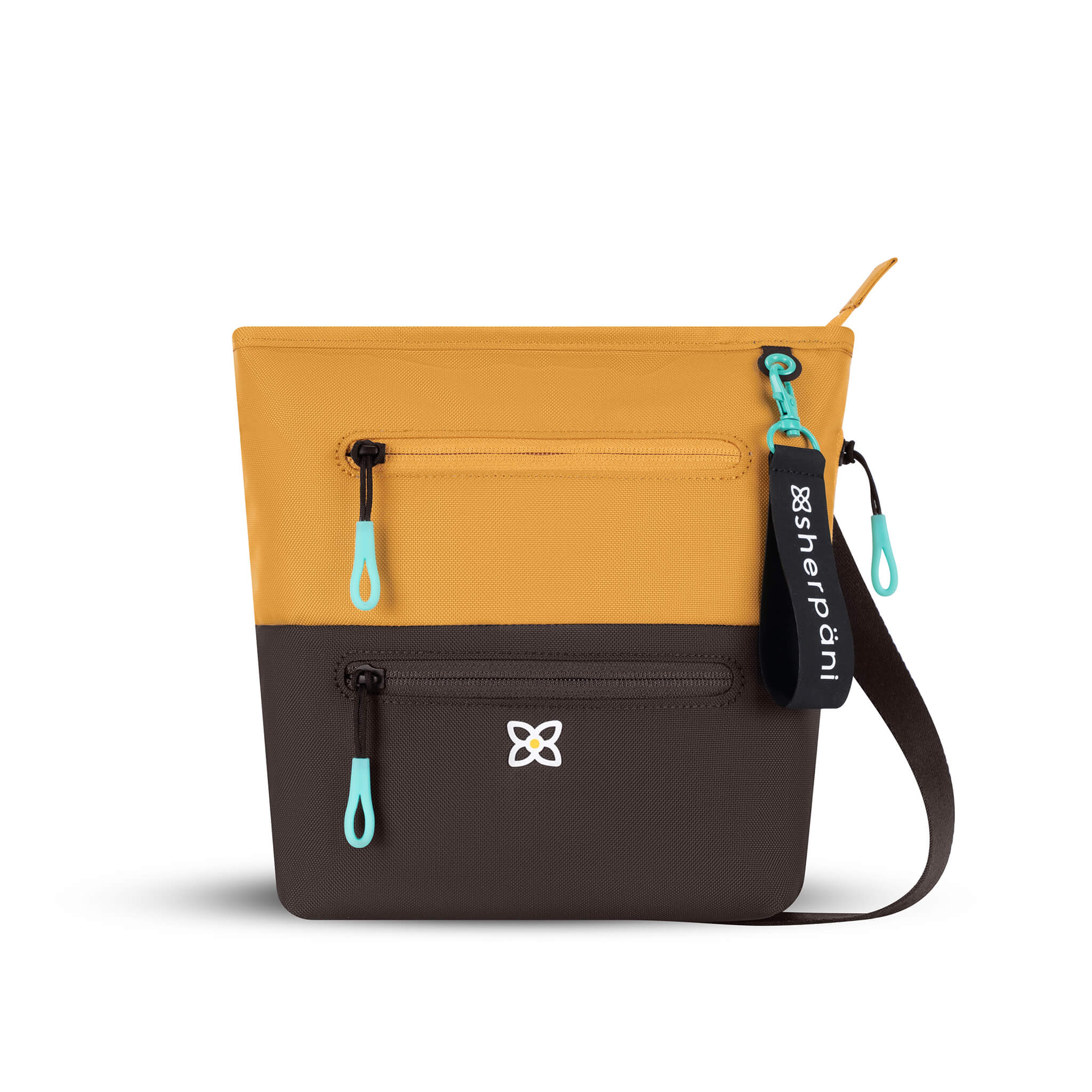 Flat front view of Sherpani crossbody travel bag, the Sadie in Sundial. Sadie features include two front zipper pockets, a discrete side pocket, detachable keychain, adjustable crossbody strap, back slip pocket and RFID blocking technology. The Sundial color is two-toned in yellow and dark brown with turquoise accents. 