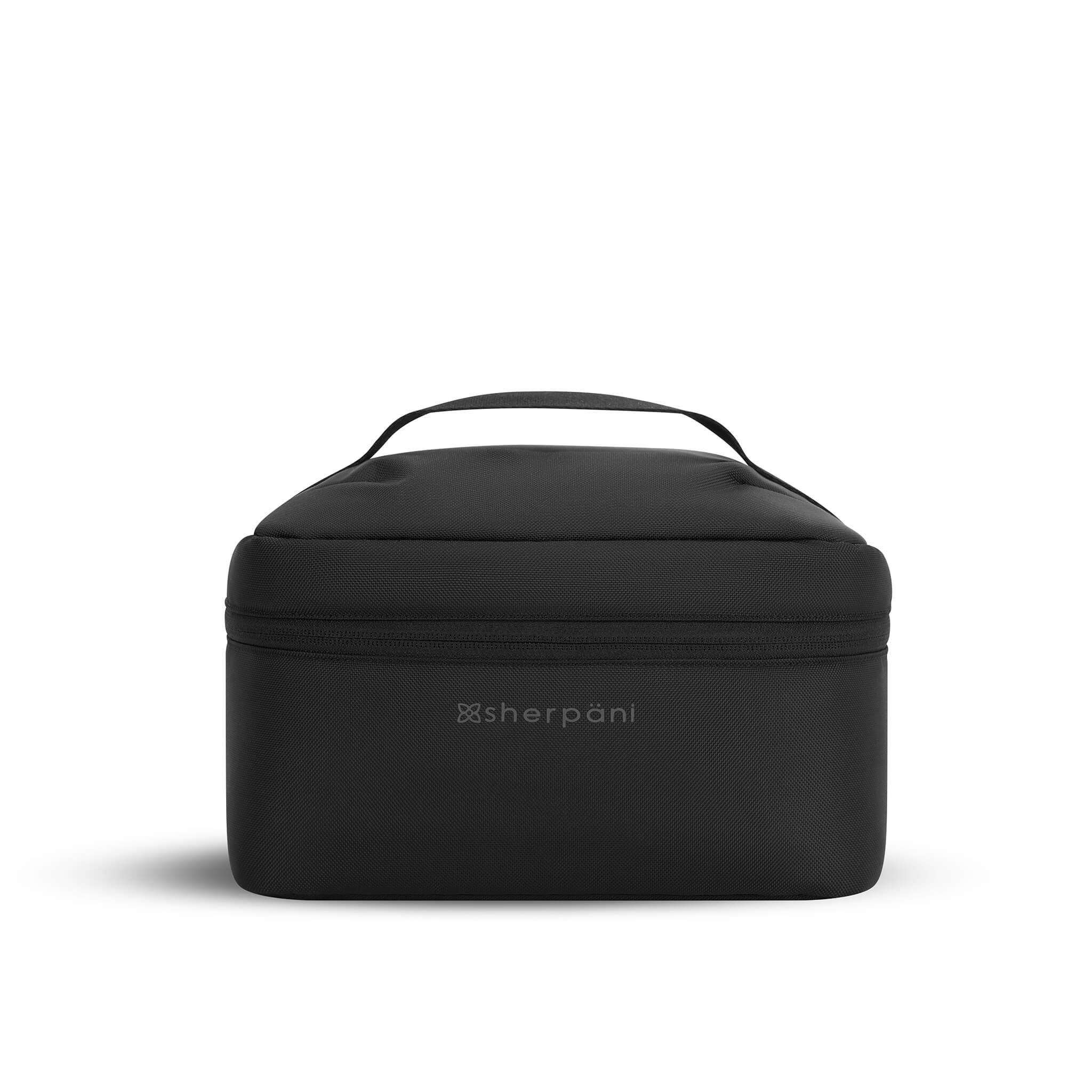 Flat front view of Sherpani travel accessory the Savannah in Carbon. The Savannah is a travel cosmetics case.