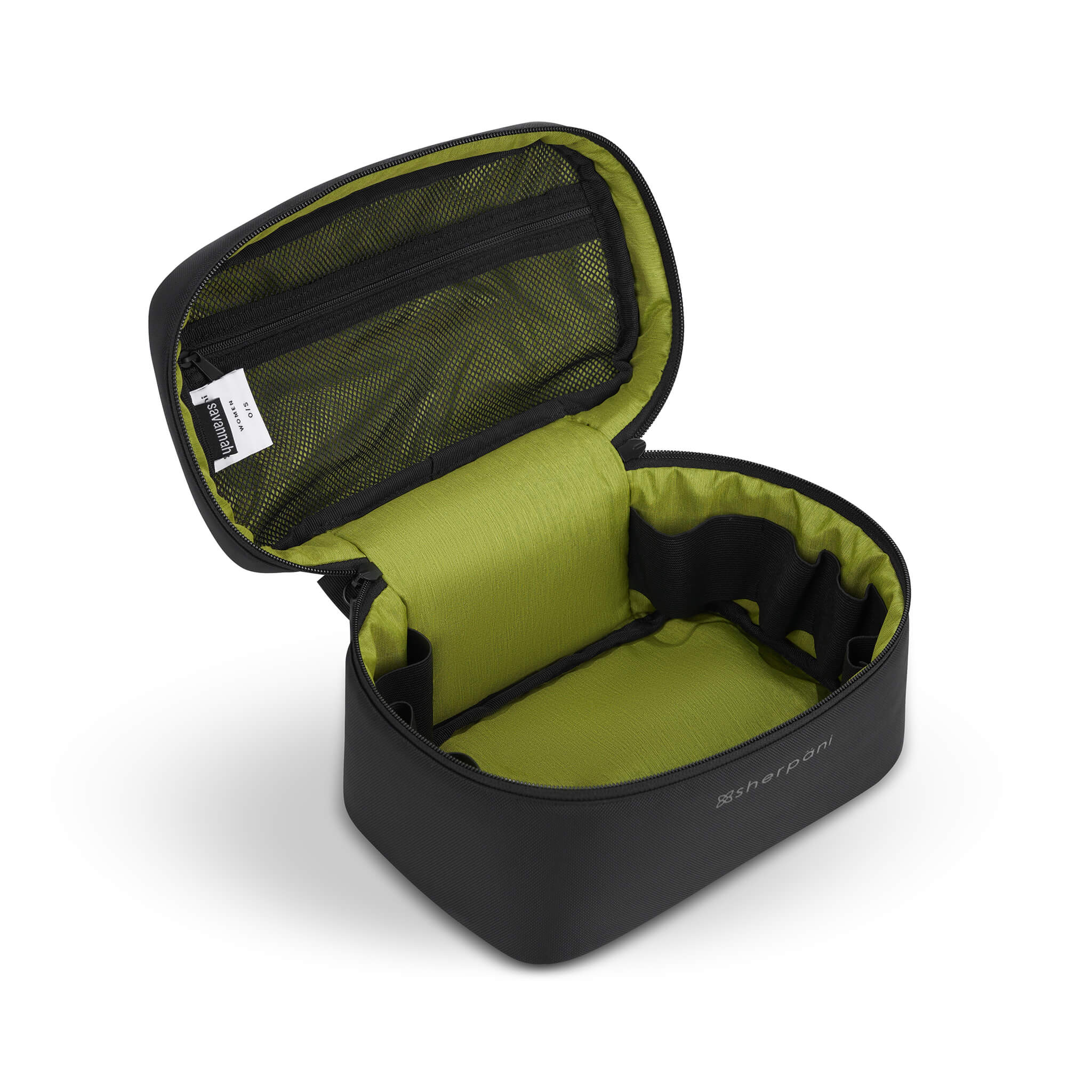 Inside view of Sherpani travel accessory the Savannah. The interior is lime green. There is a zippered mesh compartment on the top of the case. An elastic band runs along the inside of the case creating organizational slots. 