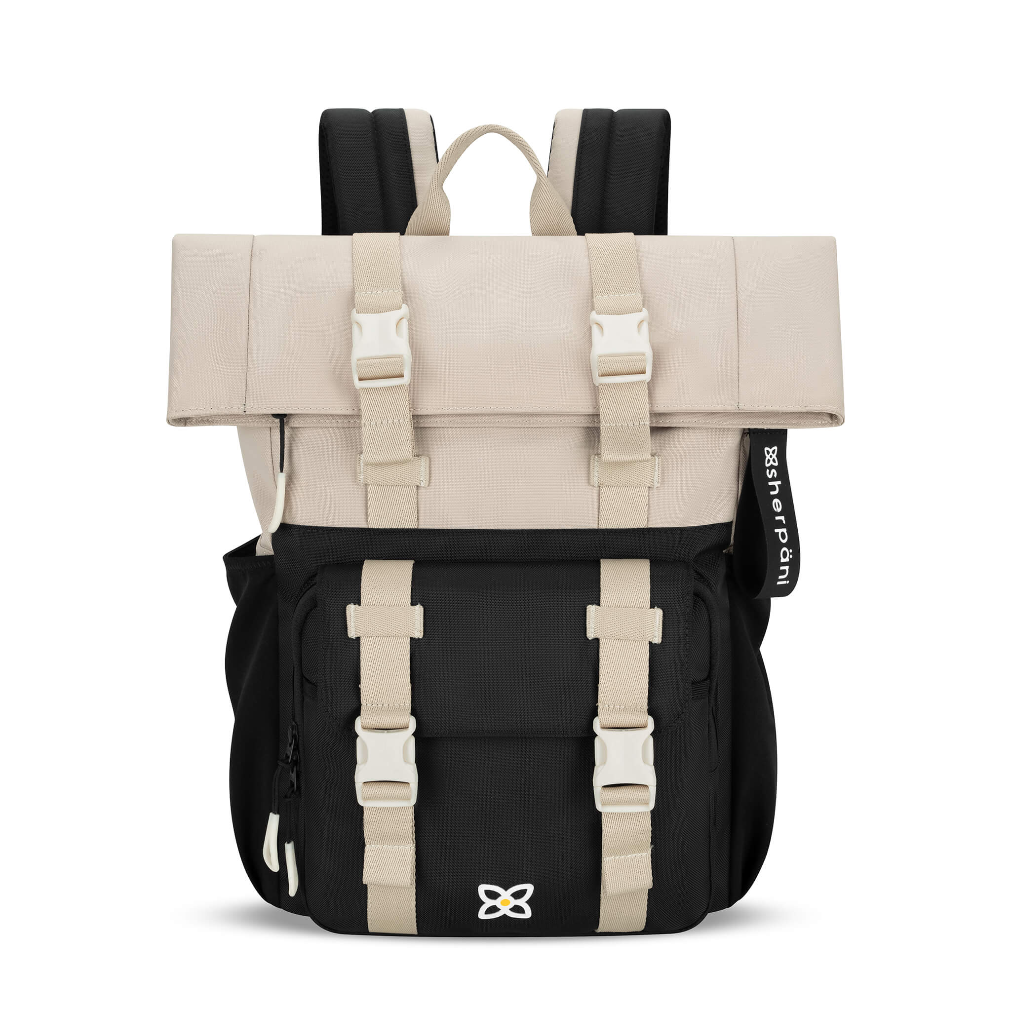 Flat front view of the Sedona in Con Leche. The compact backpack features ergonomic straps and a stylish buckle closure. 
