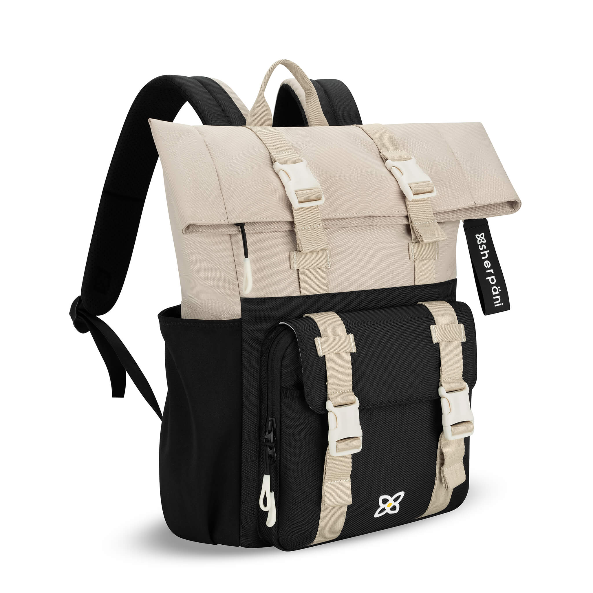 Angled front view of the Sedona in Con Leche. The compact backpack features ergonomic straps and a stylish buckle closure. 