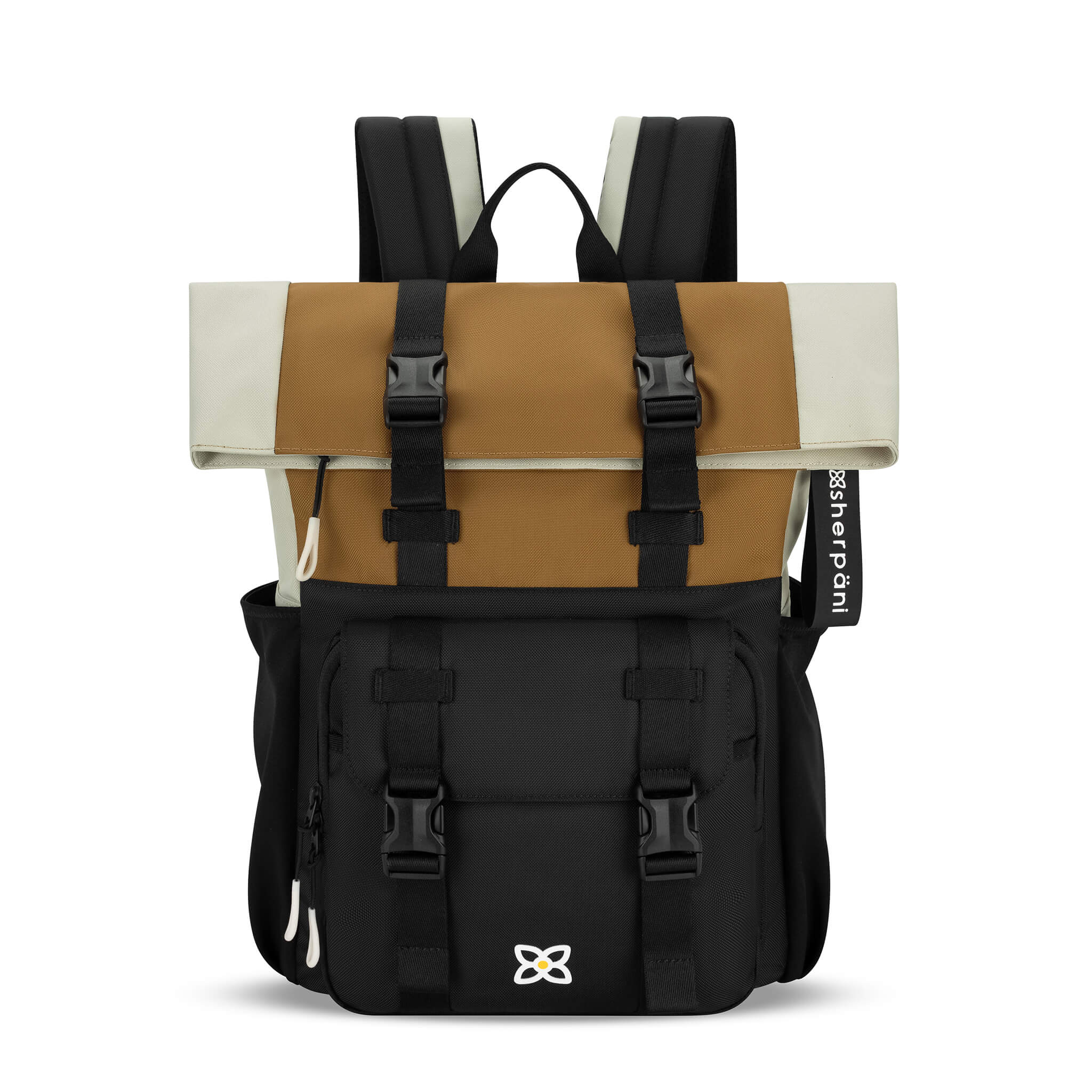 Flat front view of the Sedona in Elmwood. The compact backpack features ergonomic straps and a stylish buckle closure. 
