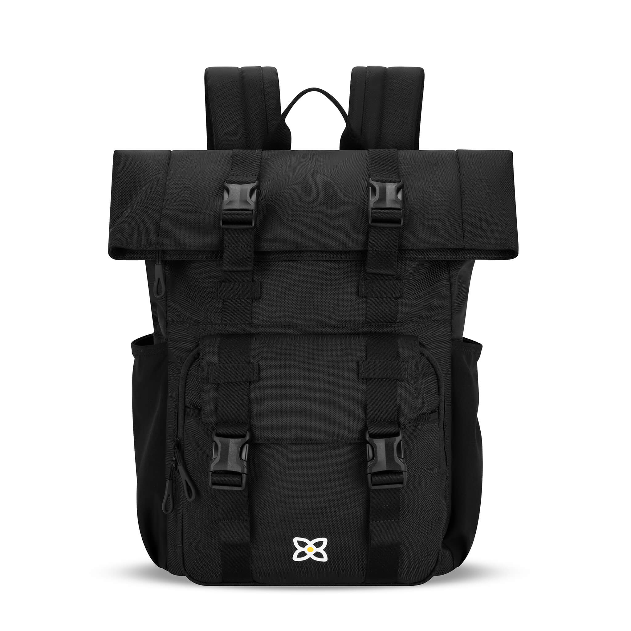Flat front view of the Sedona in Raven. The compact backpack features ergonomic straps and a stylish buckle closure. 