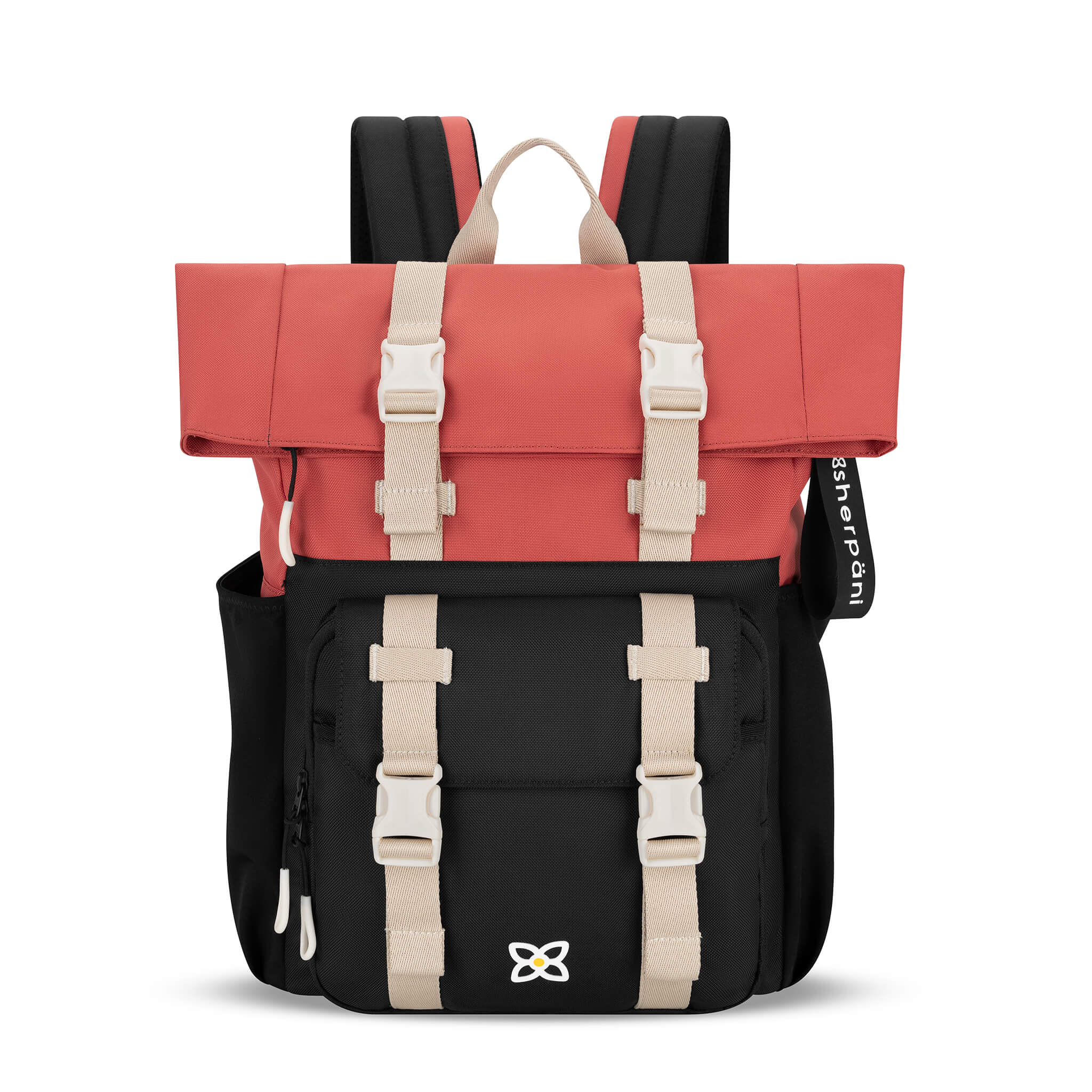 Flat front view of the Sedona in Reef. The compact backpack features ergonomic straps and a stylish buckle closure. 