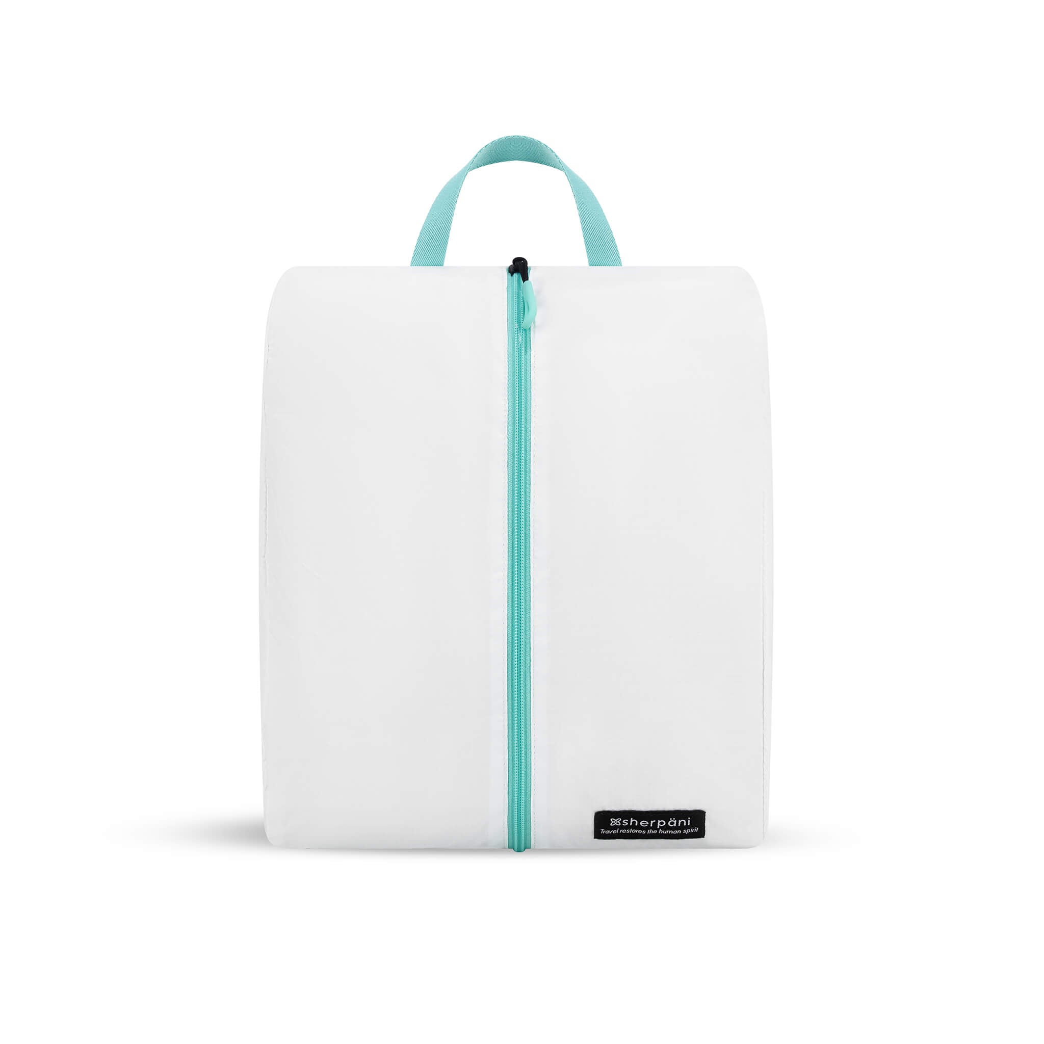 Flat front view of Compass Shoe Bag. The bag is white with zipper and handle accented in aqua.