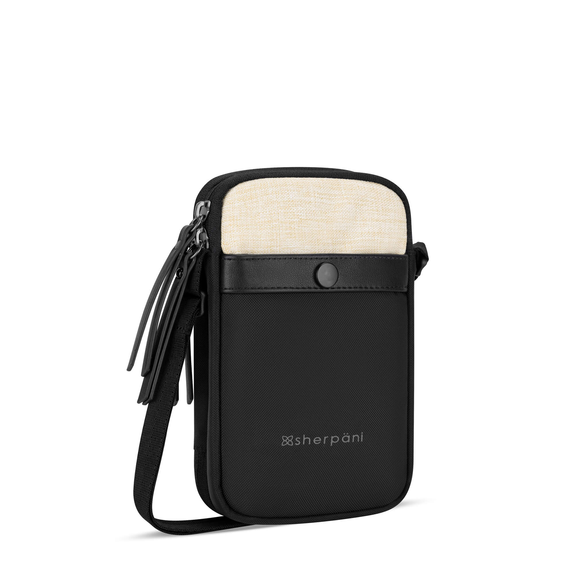 Angled front view of Sherpani crossbody wallet, the Simplicity in Straw. The simple and minimalist bag includes anti-theft features and an adjustable crossbody strap. #color_straw