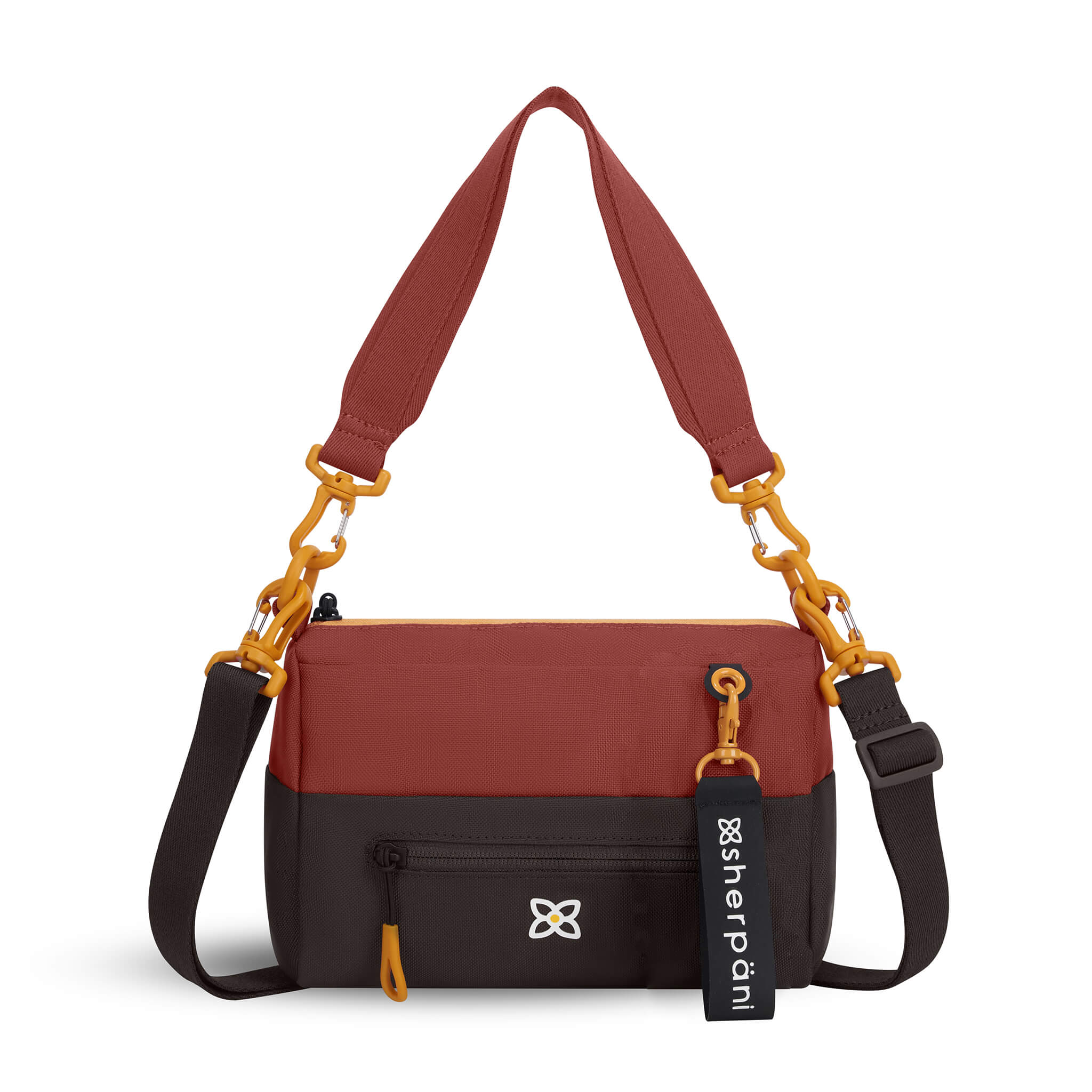 Flat front view of Sherpani mini shoulder bag, the Skye in Cider. Skye features include RFID security, detachable keychain, outside zipper pocket, two inside zipper pockets and two removable straps: a short shoulder strap and a longer adjustable crossbody strap. The Cider color is two-toned in burgundy and dark brown with yellow accents.