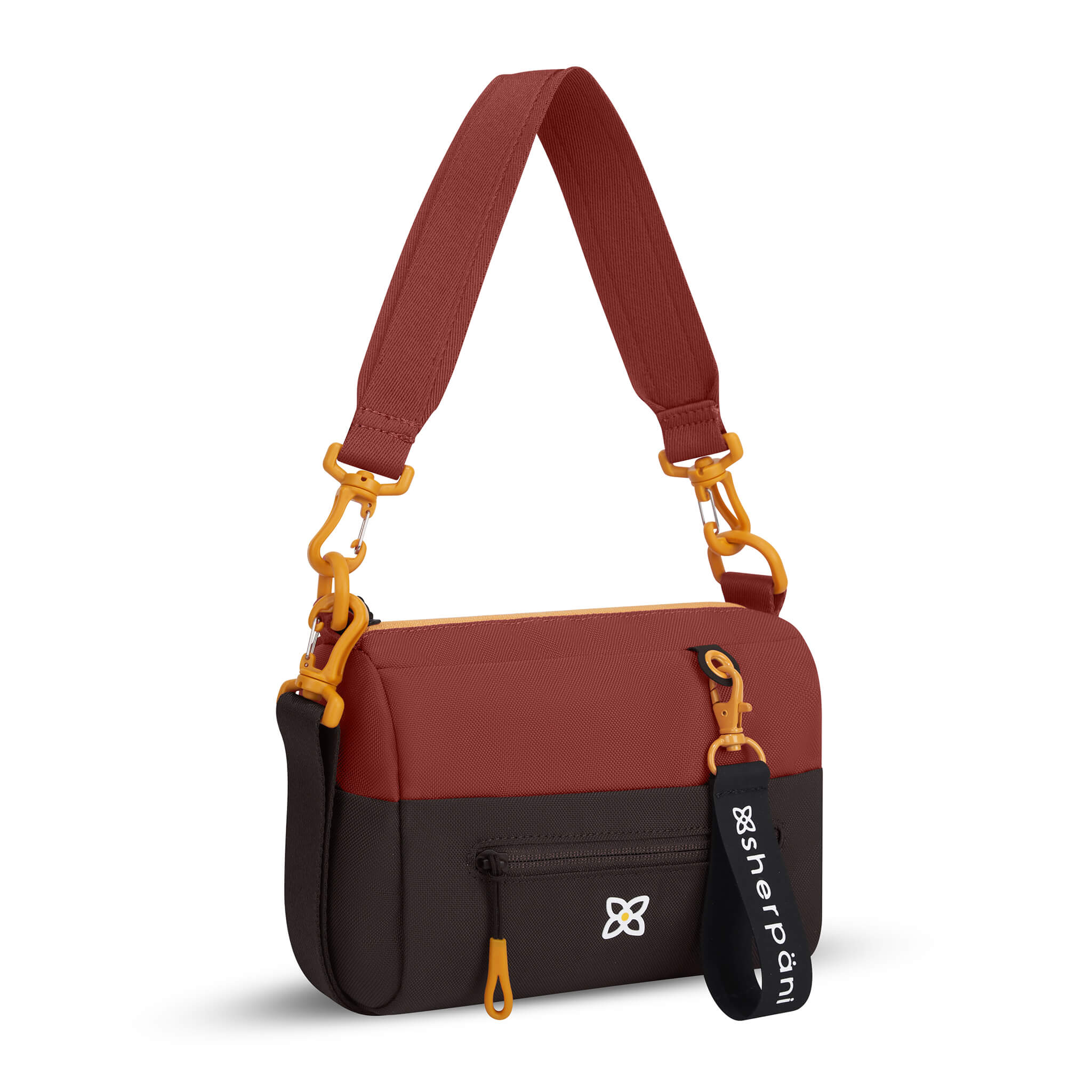 Angled front view of Sherpani mini shoulder bag, the Skye in Cider. Skye features include RFID security, detachable keychain, outside zipper pocket, two inside zipper pockets and two removable straps: a short shoulder strap and a longer adjustable crossbody strap. The Cider color is two-toned in burgundy and dark brown with yellow accents.