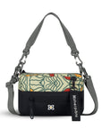 Flat front view of Sherpani mini shoulder bag, the Skye in Fiori. Skye features include RFID security, detachable keychain, outside zipper pocket, two inside zipper pockets and two removable straps: a short shoulder strap and a longer adjustable crossbody strap. The Fiori colorway is two-toned in black and a floral pattern with a neutral color palette.