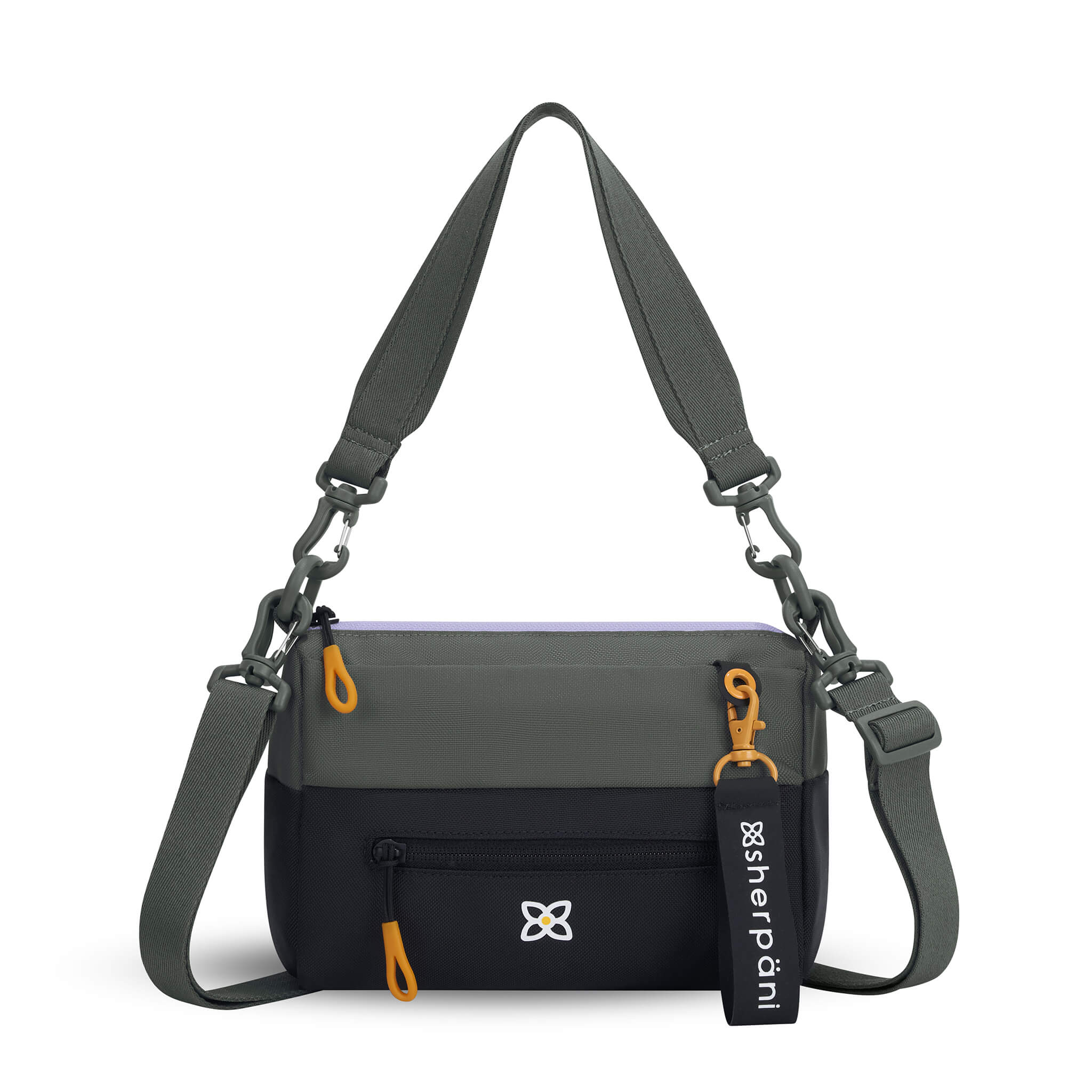 Flat front view of Sherpani mini shoulder bag, the Skye in Juniper. Skye features include RFID security, detachable keychain, outside zipper pocket, two inside zipper pockets and two removable straps: a short shoulder strap and a longer adjustable crossbody strap. The Juniper color is two-toned in gray and black with yellow accents.