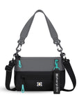 Flat front view of Sherpani mini shoulder bag, the Skye in Moonstone. Skye features include RFID security, detachable keychain, outside zipper pocket, two inside zipper pockets and two removable straps: a short shoulder strap and a longer adjustable crossbody strap. The Moonstone color is two-toned in gray and black with turquoise accents.