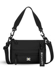 Flat front view of Sherpani mini shoulder bag, the Skye in Raven. Skye features include RFID security, detachable keychain, outside zipper pocket, two inside zipper pockets and two removable straps: a short shoulder strap and a longer adjustable crossbody strap. The Raven color is solid black with Sherpani logo (edelweiss flower) as a white accent.