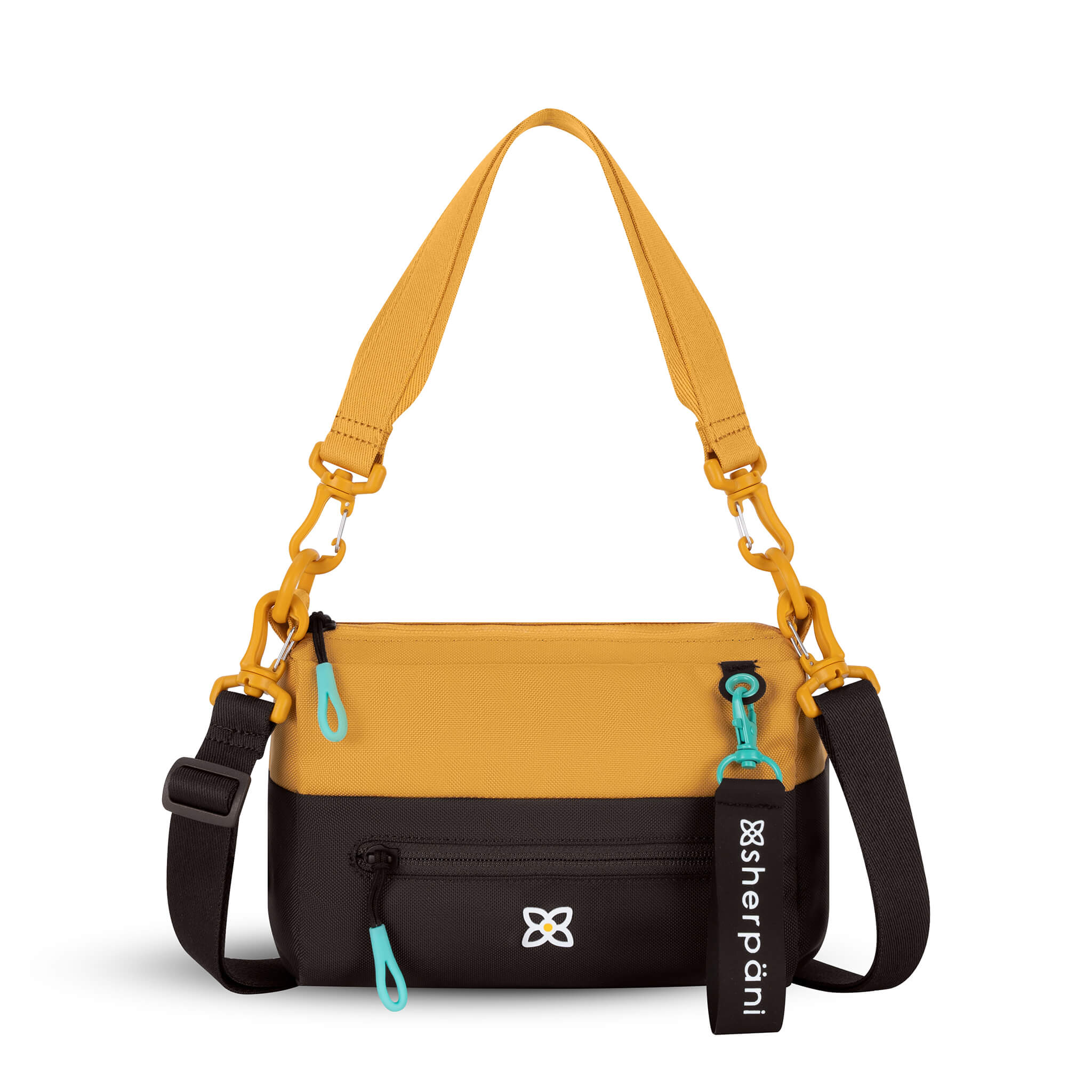 Flat front view of Sherpani mini shoulder bag, the Skye in Sundial. Skye features include RFID security, detachable keychain, outside zipper pocket, two inside zipper pockets and two removable straps: a short shoulder strap and a longer adjustable crossbody strap. The Sundial color is two-toned in yellow and dark brown with turquoise accents. 