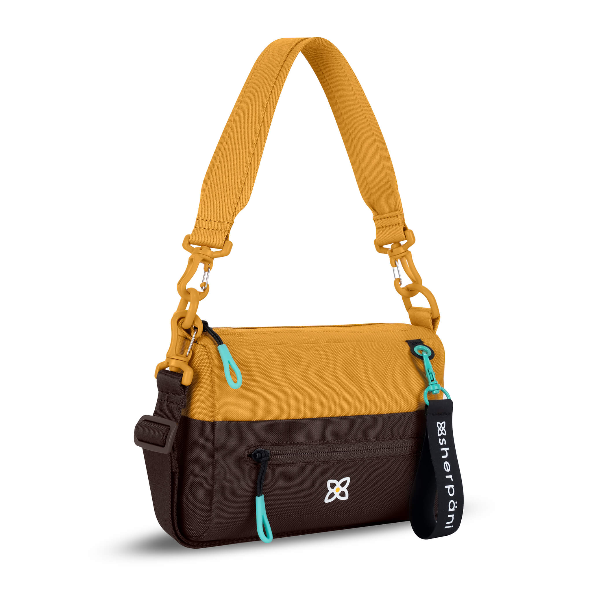 Angled front view of Sherpani mini shoulder bag, the Skye in Sundial. Skye features include RFID security, detachable keychain, outside zipper pocket, two inside zipper pockets and two removable straps: a short shoulder strap and a longer adjustable crossbody strap. The Sundial color is two-toned in yellow and dark brown with turquoise accents.