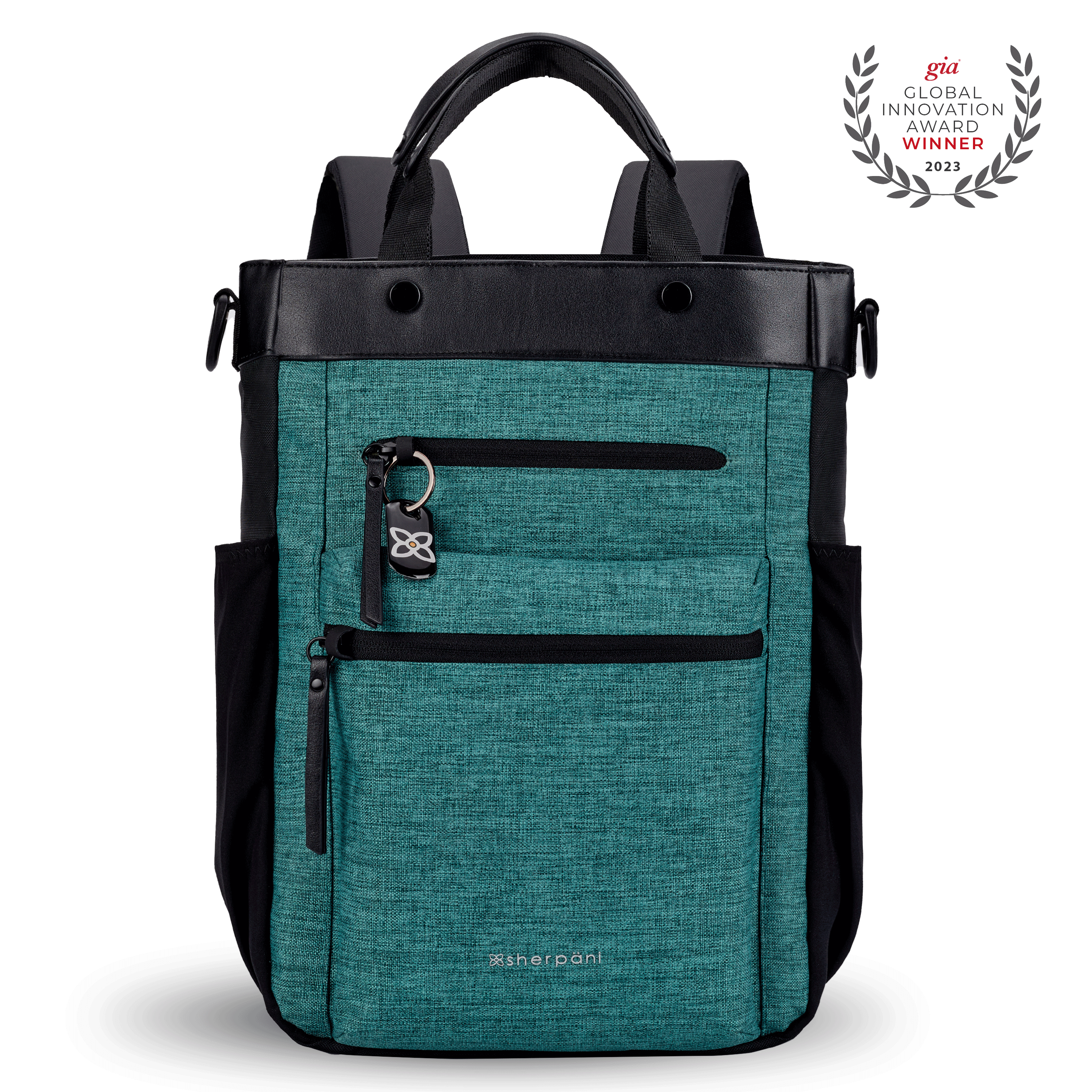Flat front view of Sherpani&#39;s Anti-Theft bag, the Soleil AT in Teal, with vegan leather accents in black. On the front are two locking zipper compartments, a ReturnMe tag is clipped to the upper one. Two elastic water bottle holders sit on either side of the bag. It has padded backpack straps, short tote handles, and a place to attach a crossbody strap.