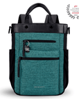 Flat front view of Sherpani's Anti-Theft bag, the Soleil AT in Teal, with vegan leather accents in black. On the front are two locking zipper compartments, a ReturnMe tag is clipped to the upper one. Two elastic water bottle holders sit on either side of the bag. It has padded backpack straps, short tote handles, and a place to attach a crossbody strap.