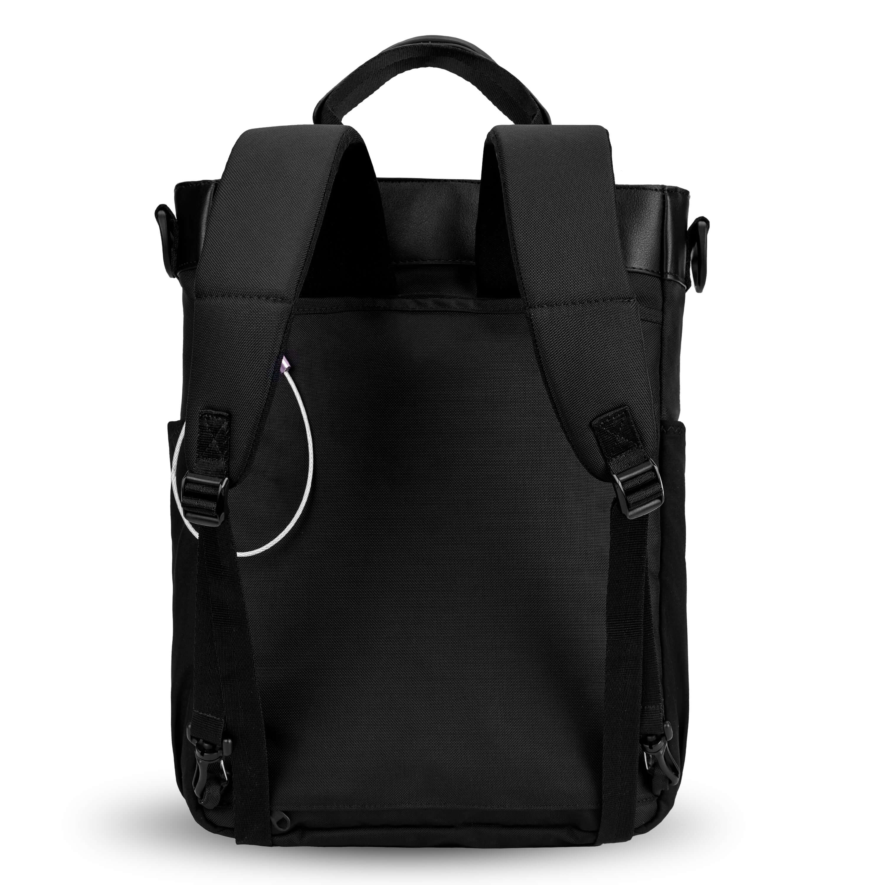 Flat view of the back of Sherpani’s Anti-Theft bag, the Soleil AT. The back is entirely black, and has vegan leather accents in black. Two elastic water bottle holders sit on either side of the bag. A chair lock loop is clipped to the upper left side. There is an external sleeve with a zipper at the bottom, which creates the luggage pass-through or trolley sleeve. It has padded backpack straps, short tote handles, and a place to attach a crossbody strap. 