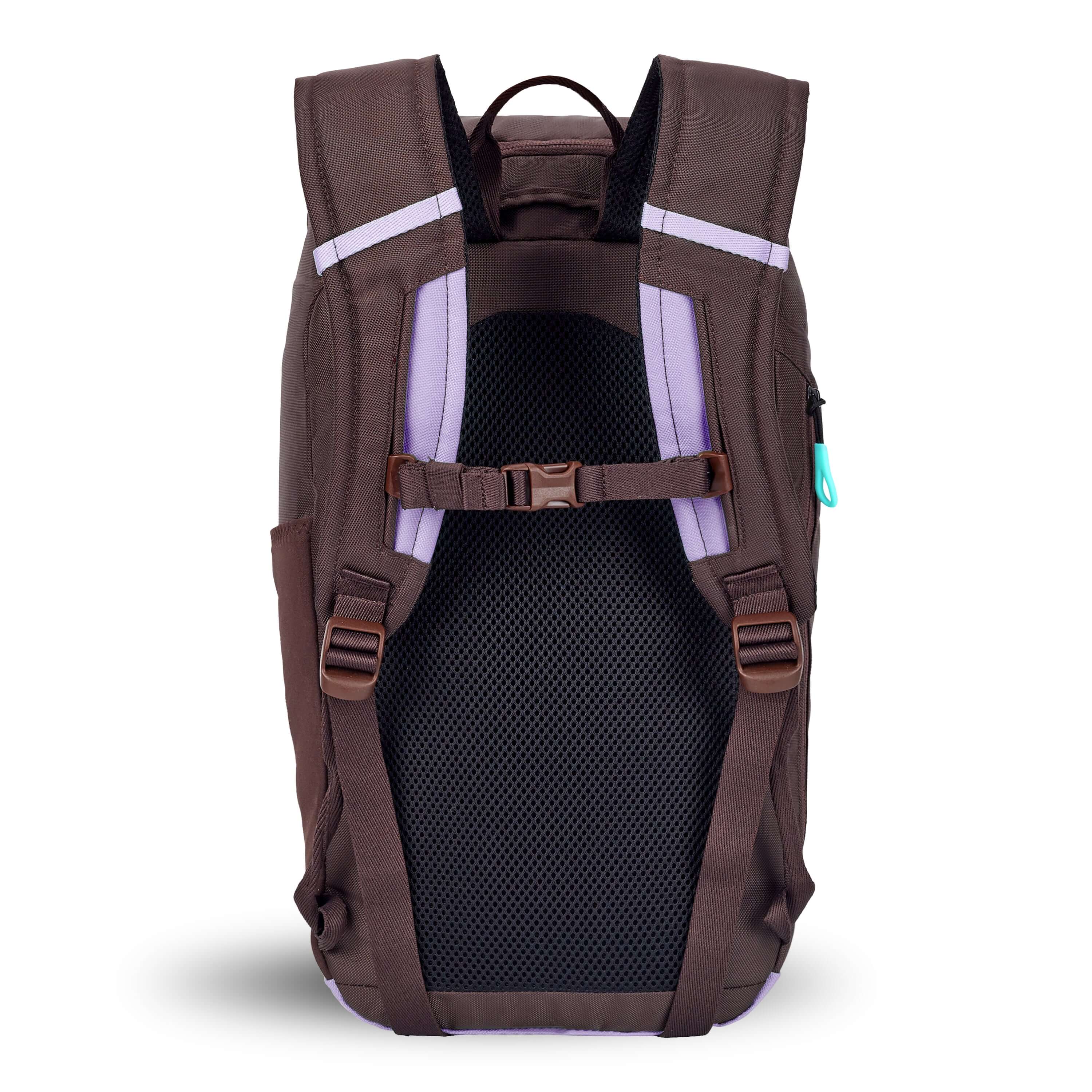 Back view of Sherpani backpack, the Switch in Lavender. The back of the bag is two-toned in lavender and brown. There are padded and adjustable backpack straps with a sternum strap attachment.