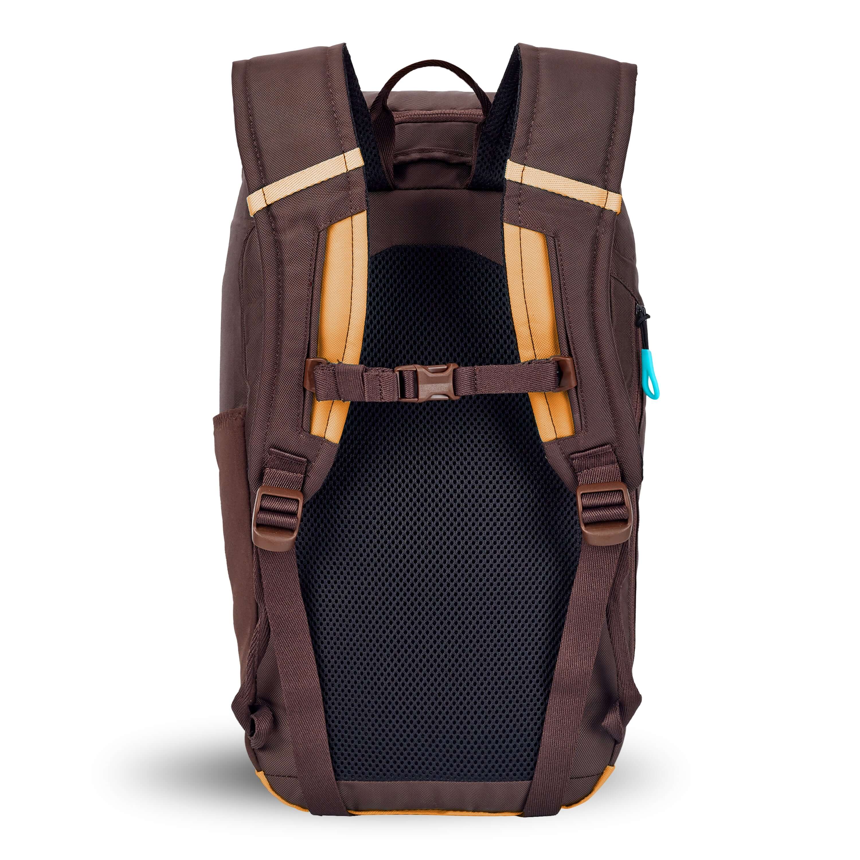 Back view of Sherpani backpack, the Switch in Sundial. The back of the bag is two-toned in burnt yellow and brown. There are padded and adjustable backpack straps with a sternum strap attachment. 