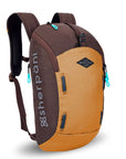Angled front view of Sherpani backpack, the Switch in Sundial. The bag is two-toned in burnt yellow and brown. Easy-pull zippers are accented in aqua. At the top is a metal buckle that connect to an external pouch on the front panel. It has adjustable and padded backpack straps. There is a daisy chain feature on the front panel.