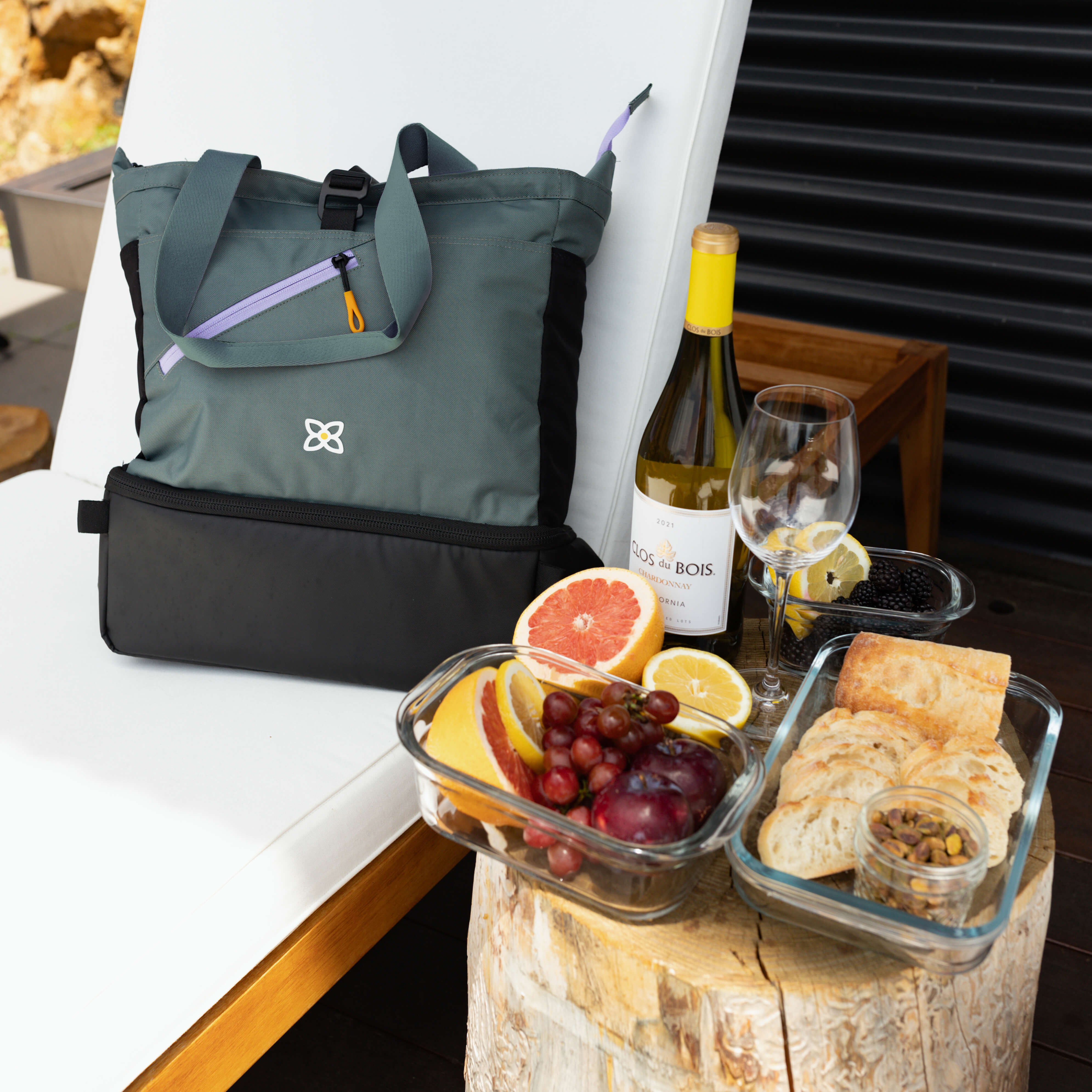 Image of Sherpani dual function RFID backpack, the Terra, next to a picnic that was stored inside using the Terra's cooler compartment. 