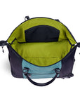 Top view of Sherpani’s Anti-Theft rolling duffle the Trip in Teal. The main zipper compartment is open showcasing a wide mouth and revealing a lime green interior with an internal zipper pocket.