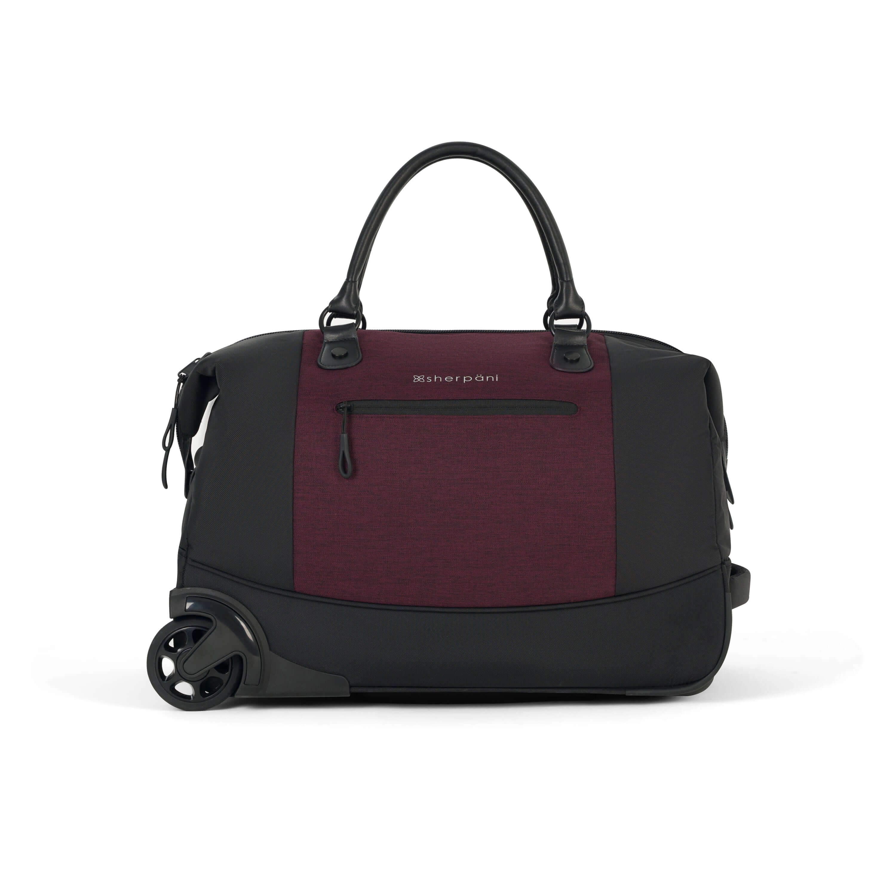 Flat back view of Sherpani’s Anti Theft rolling Duffle, the Trip in Merlot, with vegan leather accents in black.  The bag lies flat on the ground with a retractable luggage handle hidden on the right side and the rolling wheels shown on the left side. The bag features short tote handles at the top and an external zipper compartment on the back panel.