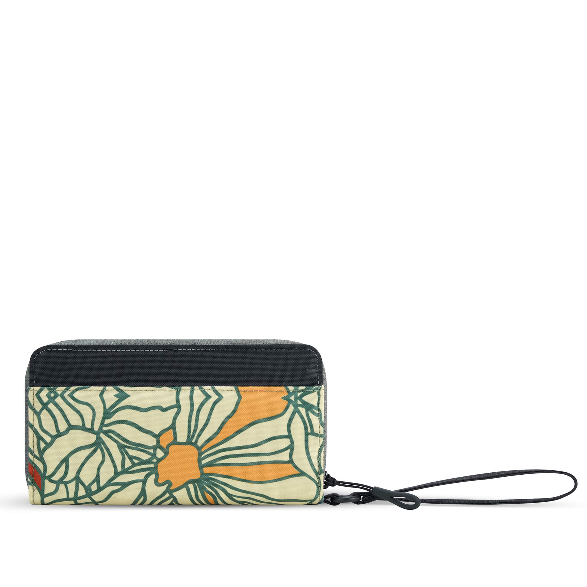Back view of Sherpani wallet with RFID protection, the Tulum in Fiori. The Tulum is the ideal travel wallet that will organize and protect sensitive information and includes a wristlet strap for easy carrying. The Fiori colorway is a floral pattern with a neutral color palette. 