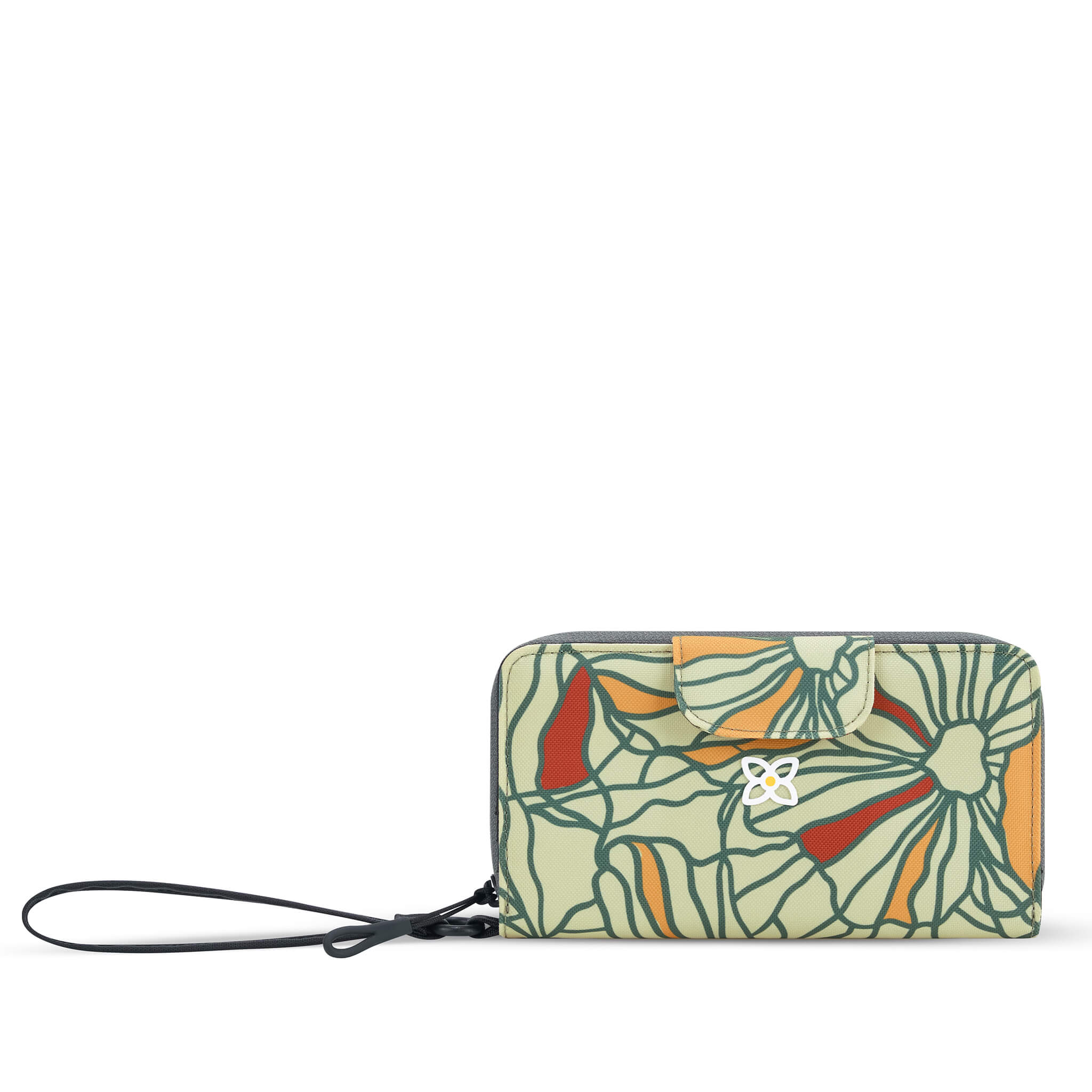 Flat front view of Sherpani wallet with RFID protection, the Tulum in Fiori. The Tulum is the ideal travel wallet that will organize and protect sensitive information and includes a wristlet strap for easy carrying. The Fiori colorway is a floral pattern with a neutral color palette.