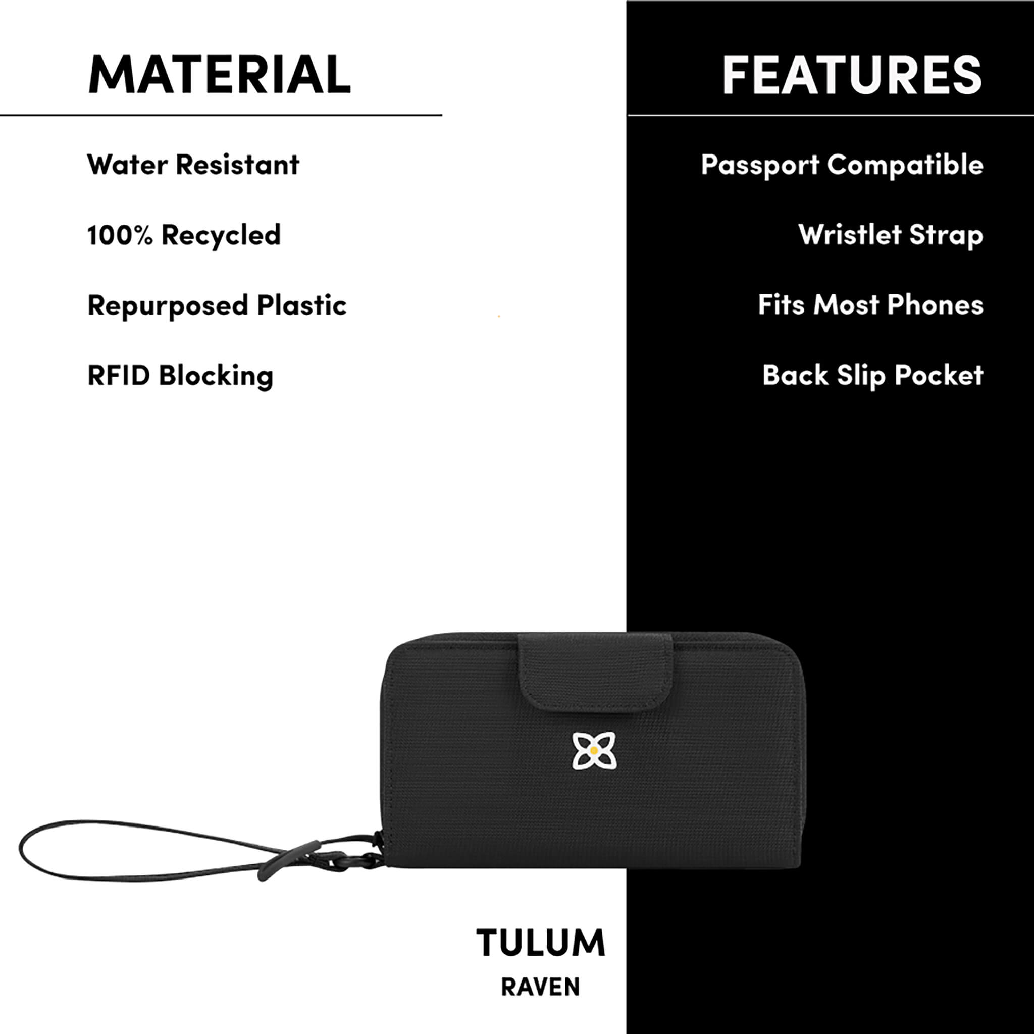 Graphic showing the special features of Sherpani RFID travel wallet, the Tulum: water-resistant wallet, sustainably made from recycled materials, RFID blocking, 13 total pockets for organization. 