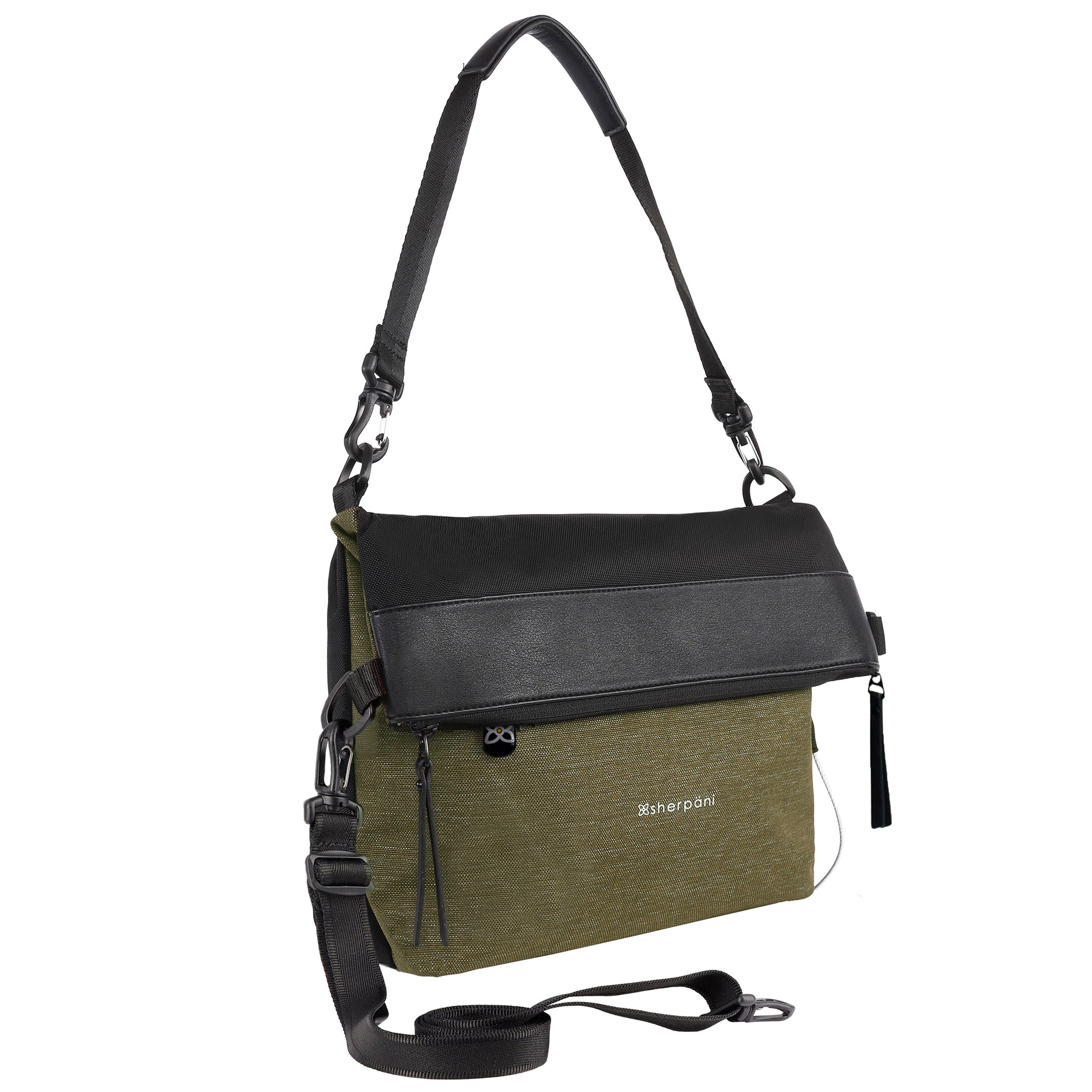 Angled front view of Sherpani's Anti-Theft bag, the Vale AT in Loden, with vegan leather accents in black. The top is folded over creating a signature overlap look. A chair loop lock is connected to a key fob clip on one side. It has an adjustable/detachable crossbody strap, and a second detachable strap fixed at a shorter length.