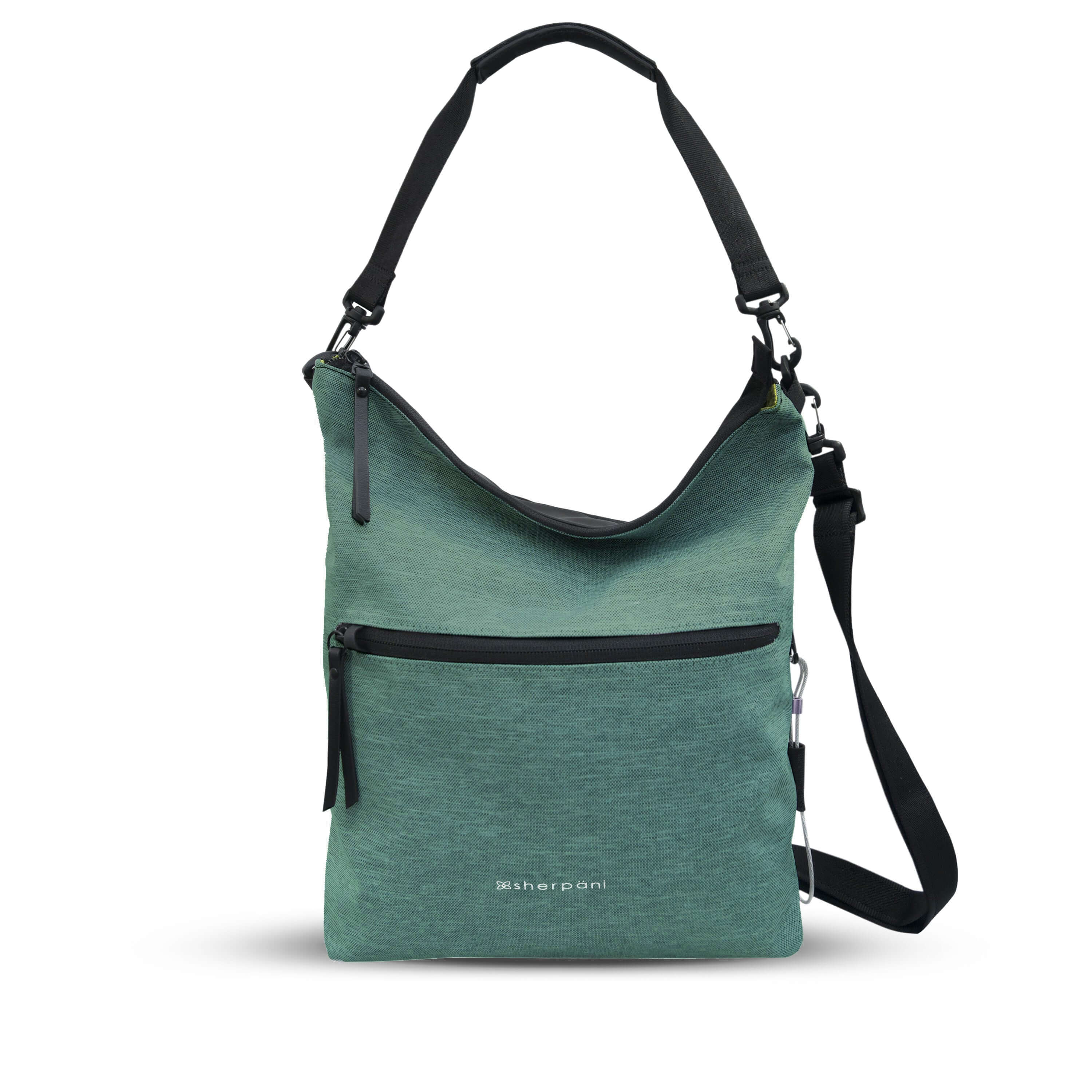 Flat front view of Sherpani&#39;s Anti-Theft bag, the Vale AT in Teal with vegan leather accents in black. The bag is standing tall with a detachable tote strap clipped to the top. There is an adjustable/detachable crossbody strap and a chair loop lock is clipped to the side of the bag. The front features an external compartment with a locking zipper.
