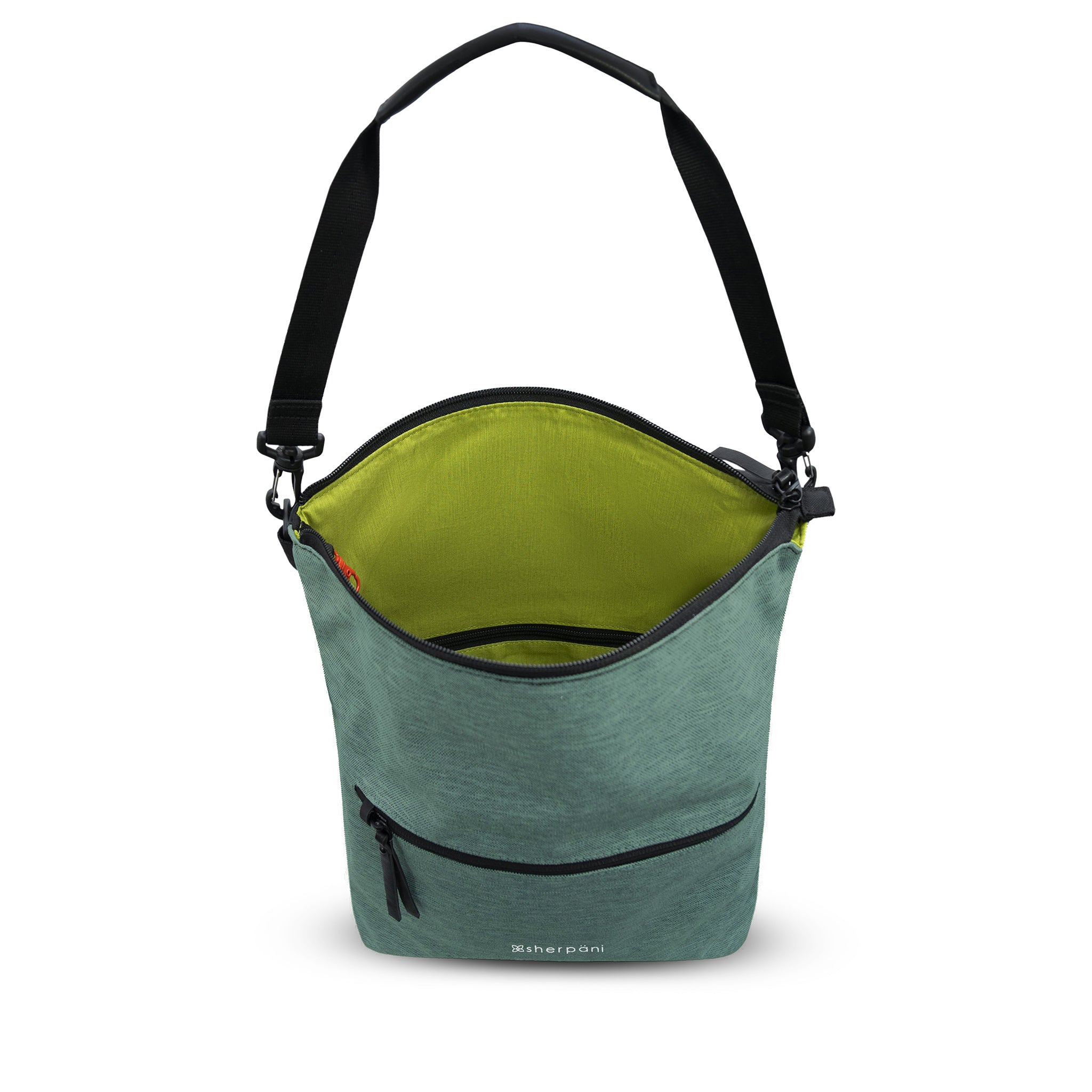 Top view of Sherpani’s Anti-Theft bag, the Vale AT in Teal. The main zipper compartment is open to reveal a lime green interior with an internal zipper pocket. There is a red carabiner that acts as the zipper lock to the main compartment. The front features an external compartment with a locking zipper. A detachable tote strap is attached to the top of the bag. 