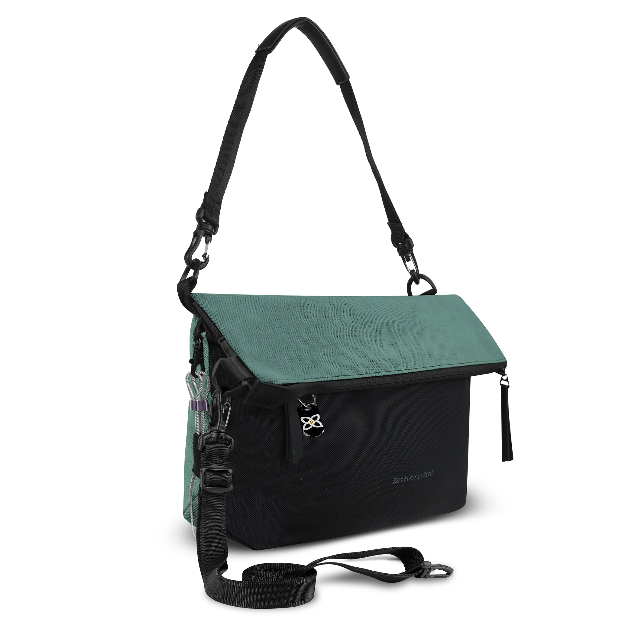 Angled front view of Sherpani's Anti-Theft bag, the Vale AT in Teal, with vegan leather accents in black. The top is folded over creating a signature overlap look. A chair loop lock is connected to a key fob clip on one side. It has an adjustable/detachable crossbody strap, and a second detachable strap fixed at a shorter length.