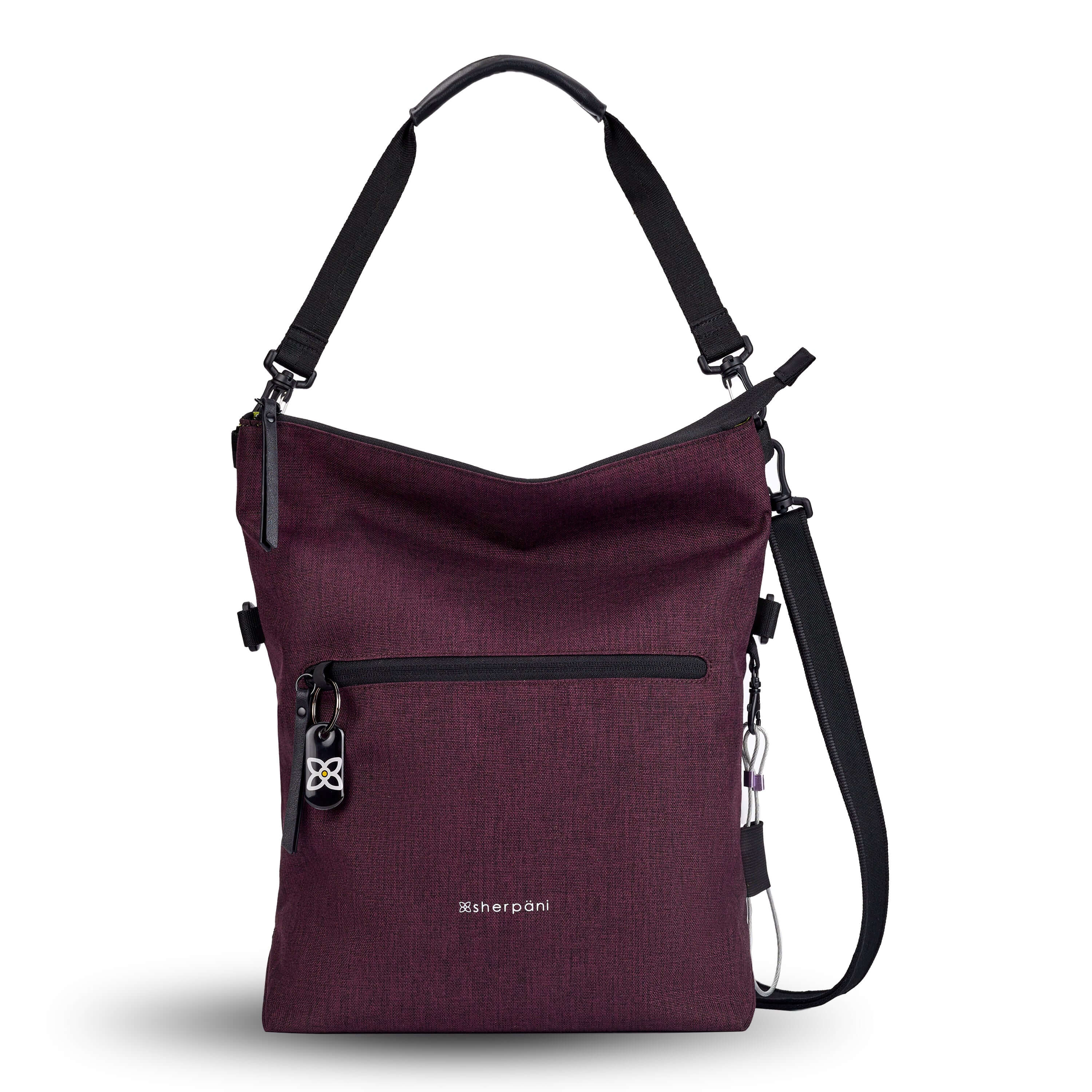 Flat front view of Sherpani&#39;s Anti-Theft bag, the Vale AT in Merlot with vegan leather accents in black. The bag is standing tall with a detachable tote strap clipped to the top. There is an adjustable/detachable crossbody strap and a chair loop lock is clipped to the side of the bag. The front features an external compartment with a locking zipper and ReturnMe tag.
