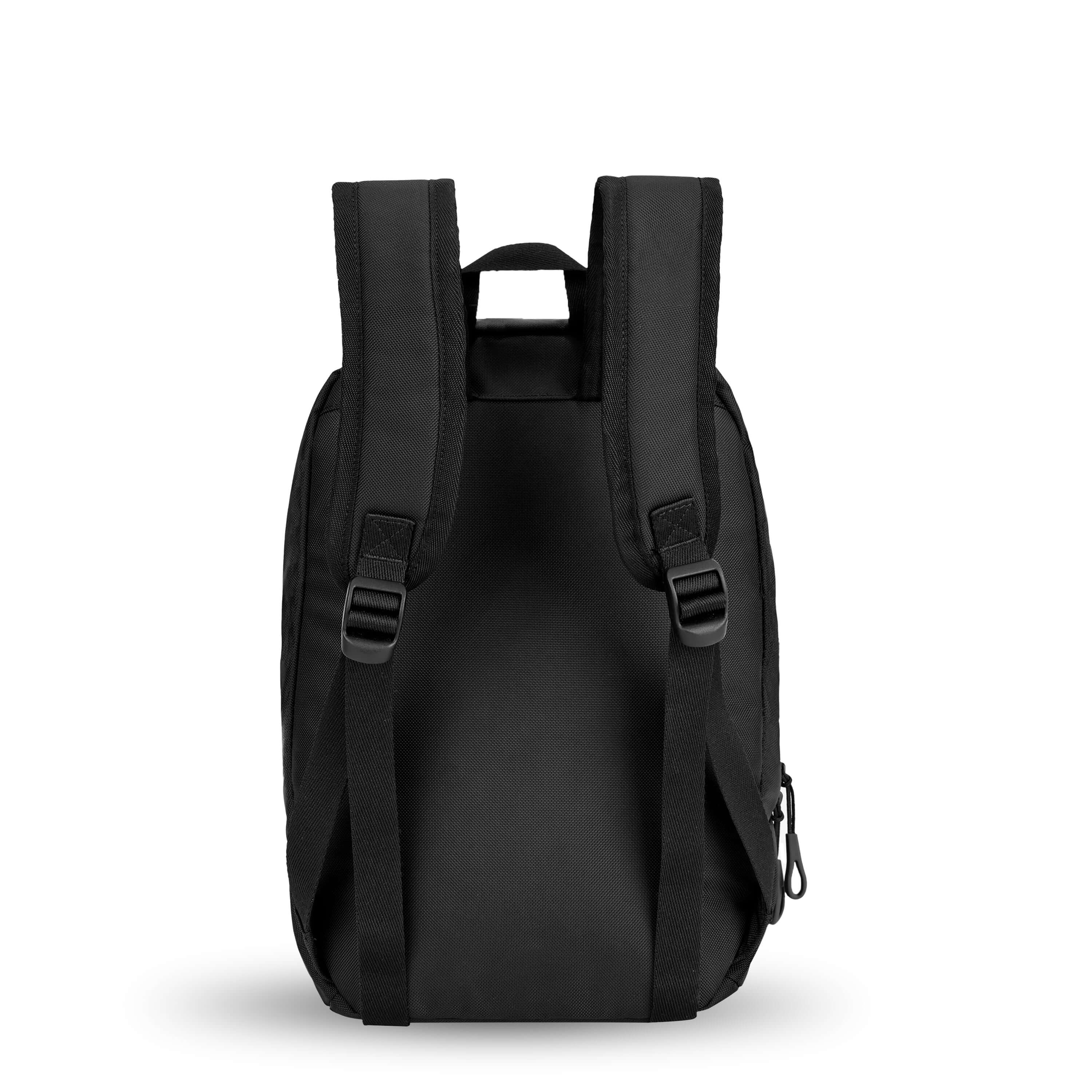 Back view of Sherpani mini backpack, the Vespa in Raven. The bag features padded and adjustable backpack straps, as well as a tote handle for easy carrying. The back of the bag is entirely black.