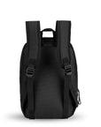 Back view of Sherpani mini backpack, the Vespa in Raven. The bag features padded and adjustable backpack straps, as well as a tote handle for easy carrying. The back of the bag is entirely black.