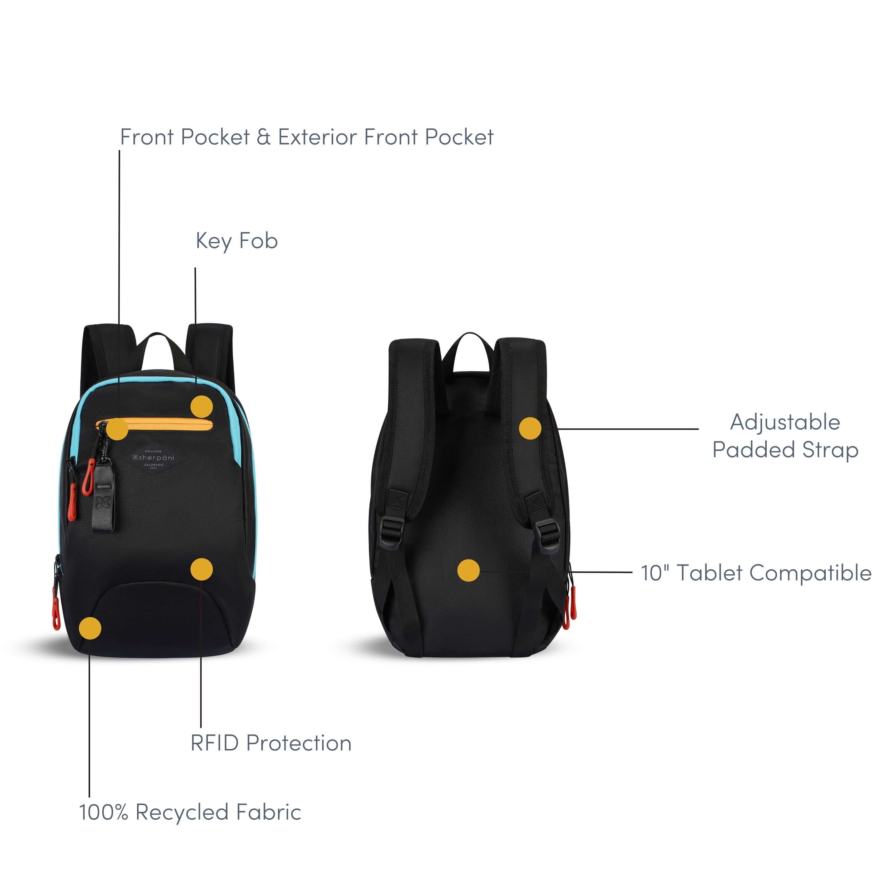 Graphic showcasing the features of Sherpani mini backpack, the Vespa. There is a front and a back view of the bag. Yellow circles highlight the following features: Front Pocket &amp; Exterior Front Pocket, Key Fob, Adjustable Padded Strap, 10&quot; Tablet Compatible, RFID Protection, 100% Recycled Fabric.