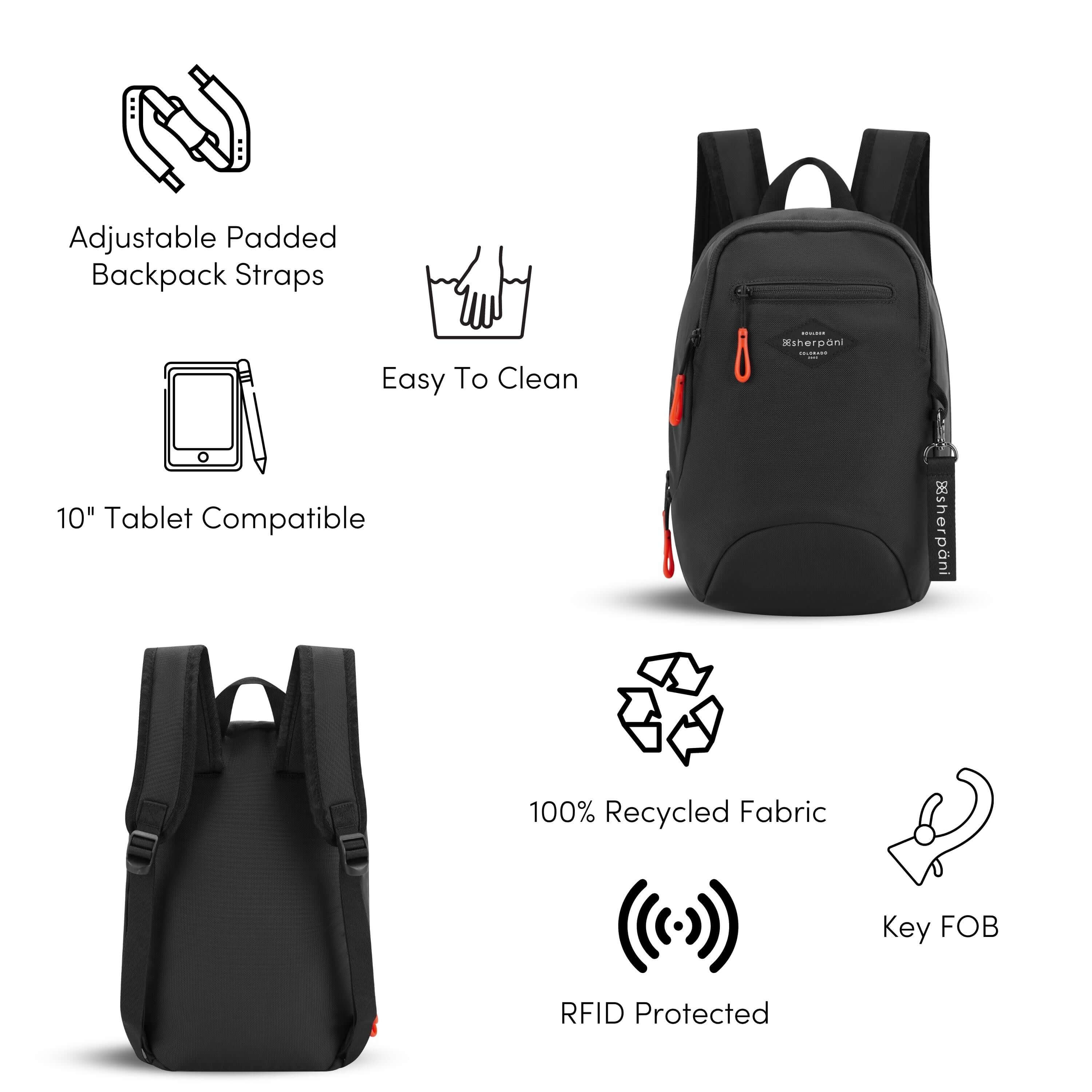Graphic showcasing the features of Sherpani mini backpack, the Vespa. There is a front and a back view of the bag. The following features are highlighted with corresponding graphics: Adjustable Padded Backpack Straps, Easy to Clean, 10&quot; Tablet Compatible, 100% Recycled Fabric, RFID Protection, Key FOB.