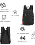Graphic showcasing the features of Sherpani mini backpack, the Vespa. There is a front and a back view of the bag. The following features are highlighted with corresponding graphics: Adjustable Padded Backpack Straps, Easy to Clean, 10" Tablet Compatible, 100% Recycled Fabric, RFID Protection, Key FOB.