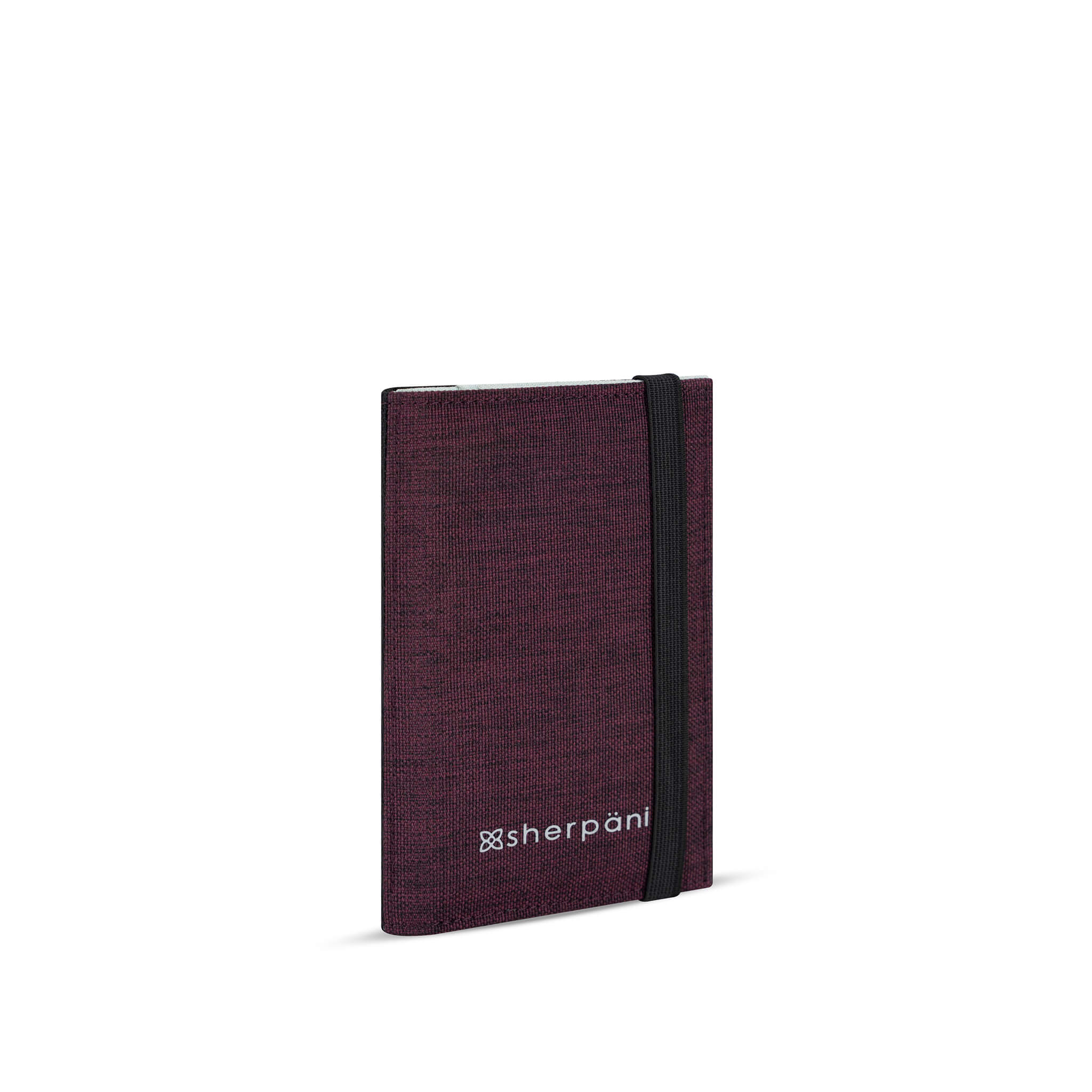 Angled front view of Sherpani's passport holder wallet for travel, the Vienna in Merlot. #color_merlot