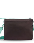 Back view of Sherpani crossbody, the Zoom in Seagreen. The back of the bag is brown and features an external pouch.