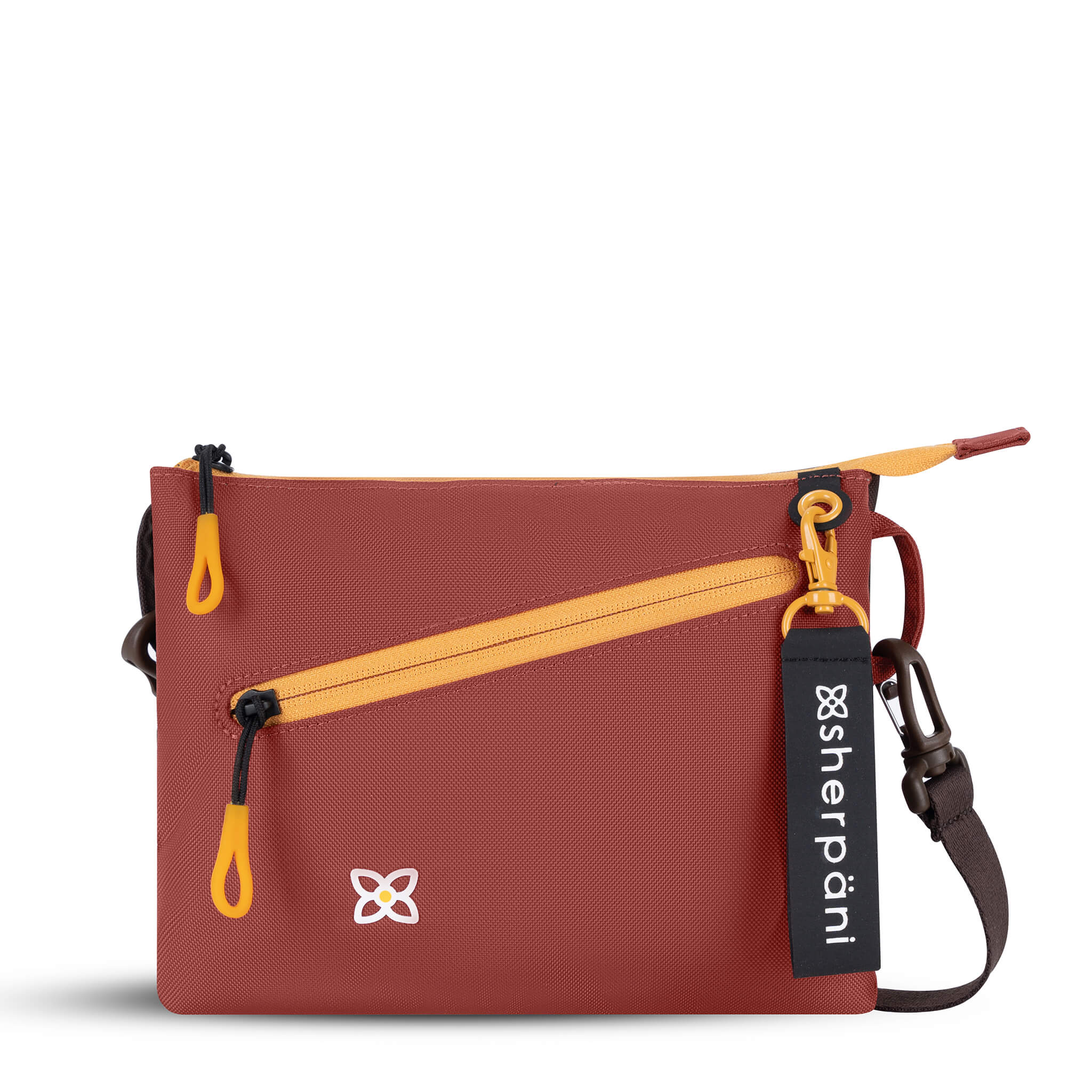 Flat front view of Sherpani small crossbody bag, the Zoom in Cider. Special features of the Zoom include RFID protection, adjustable crossbody strap, removable strap, removable keychain, outside zipper pocket, internal divider, internal zipper pockets and back slip pocket. The Cider color is two-toned in dark brown and burgundy with yellow accents. 
