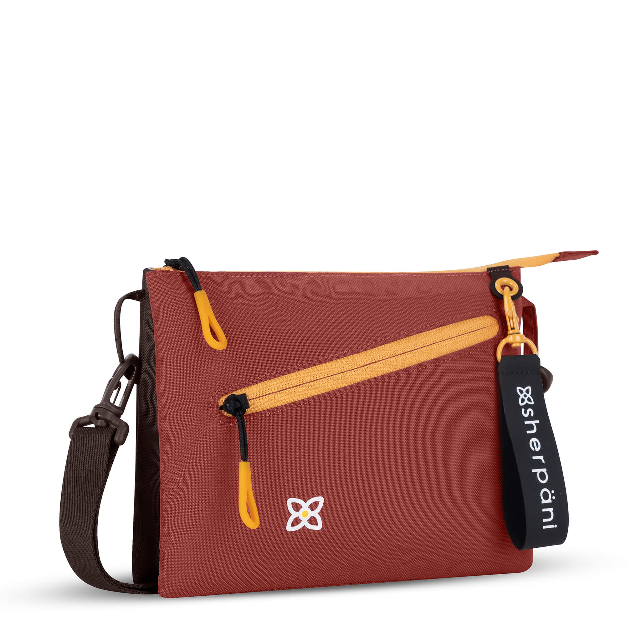 Angled front view of Sherpani small crossbody bag, the Zoom in Cider. Special features of the Zoom include RFID protection, adjustable crossbody strap, removable strap, removable keychain, outside zipper pocket, internal divider, internal zipper pockets and back slip pocket. The Cider color is two-toned in dark brown and burgundy with yellow accents.