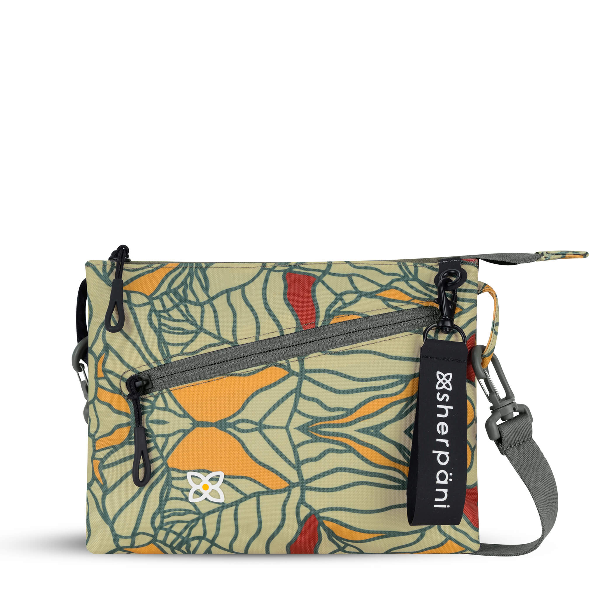Flat front view of Sherpani small crossbody bag, the Zoom in Fiori. Special features of the Zoom include RFID protection, adjustable crossbody strap, removable strap, removable keychain, outside zipper pocket, internal divider, internal zipper pockets and back slip pocket. The Fiori colorway is two-toned in black and a floral pattern with a neutral color palette.