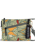 Flat front view of Sherpani small crossbody bag, the Zoom in Fiori. Special features of the Zoom include RFID protection, adjustable crossbody strap, removable strap, removable keychain, outside zipper pocket, internal divider, internal zipper pockets and back slip pocket. The Fiori colorway is two-toned in black and a floral pattern with a neutral color palette.